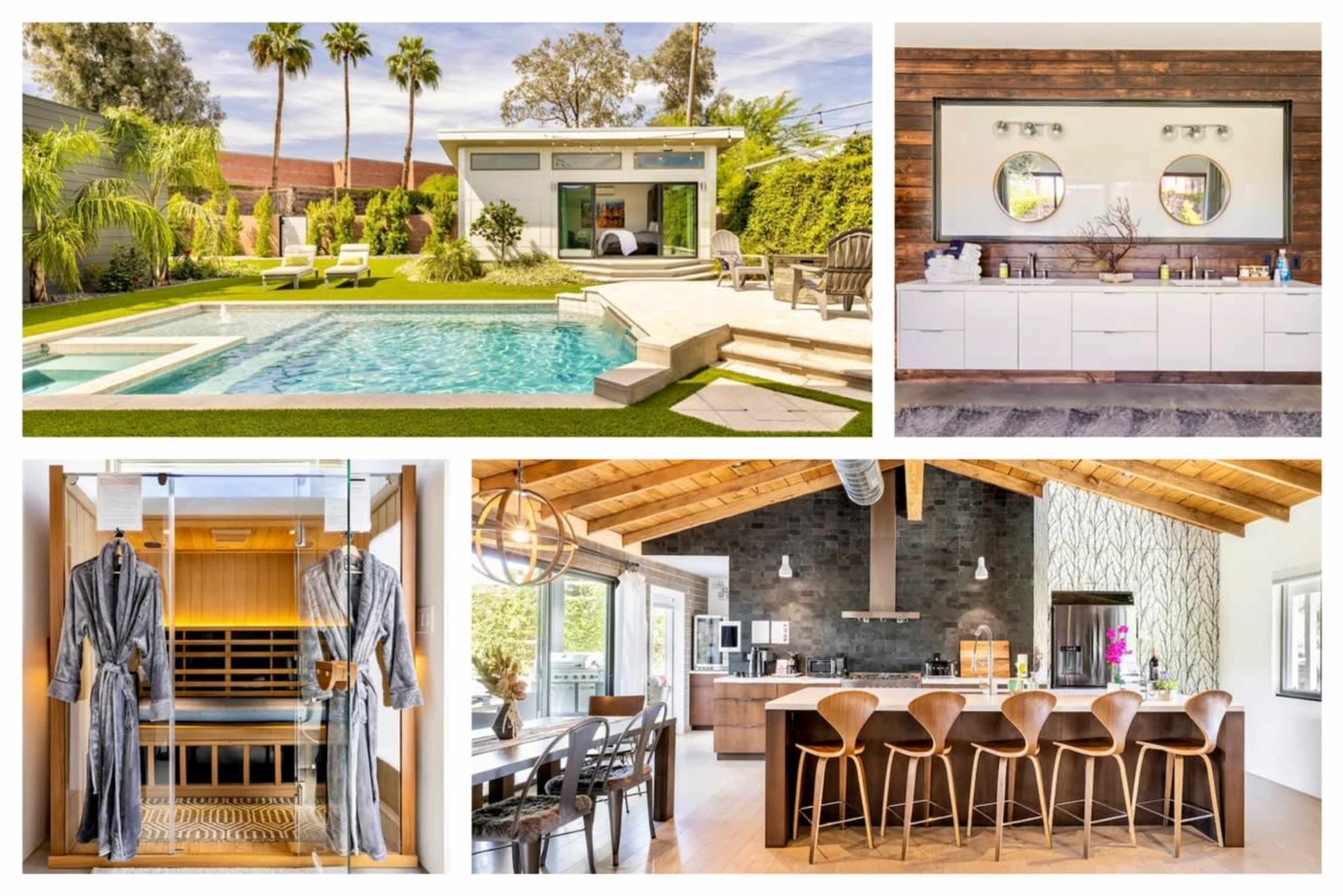 The image showcases a modern house with an outdoor pool, stylish interior spaces, and a well-designed kitchen area.