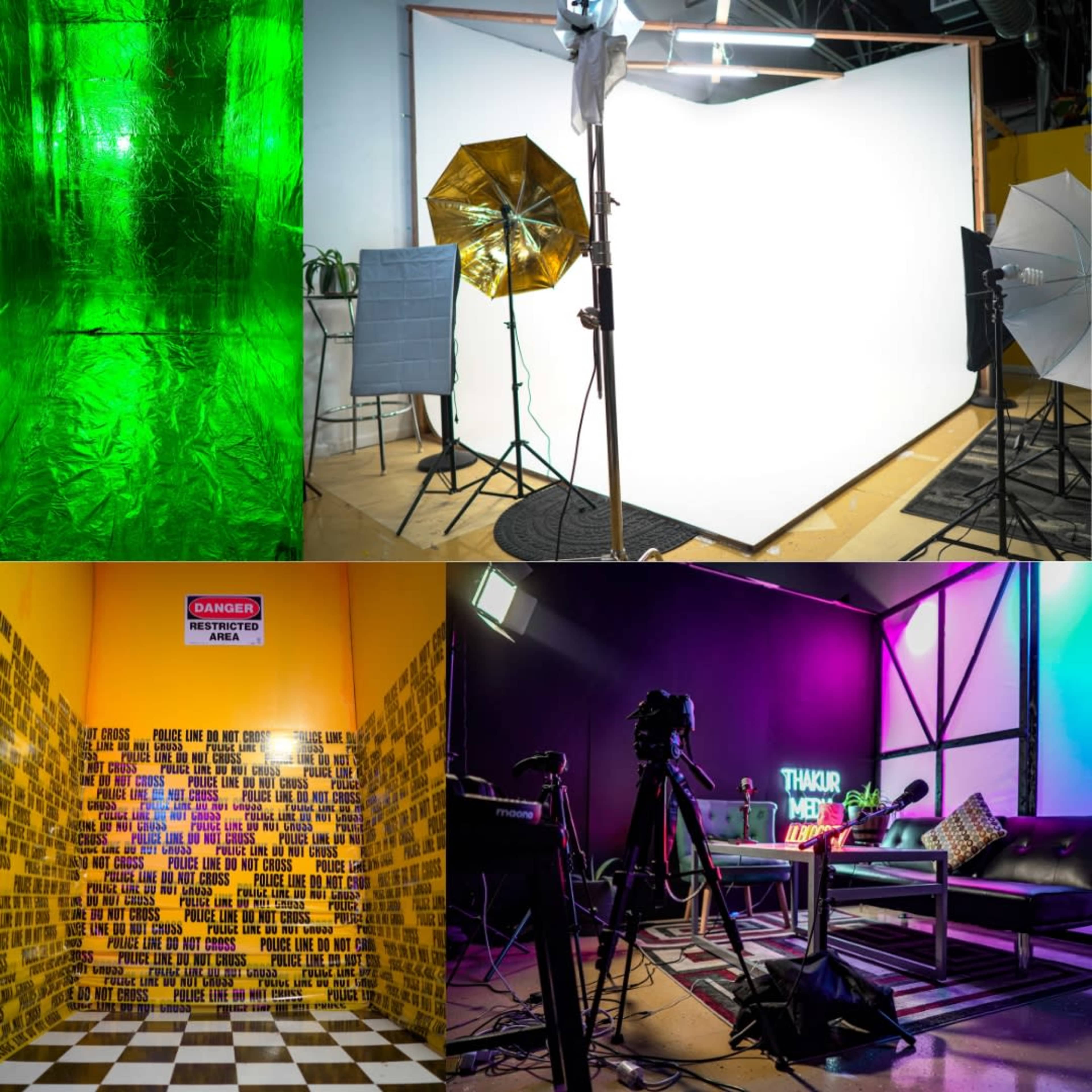 A photography and video production studio with colorful backdrops, lighting equipment, and a set for recording.