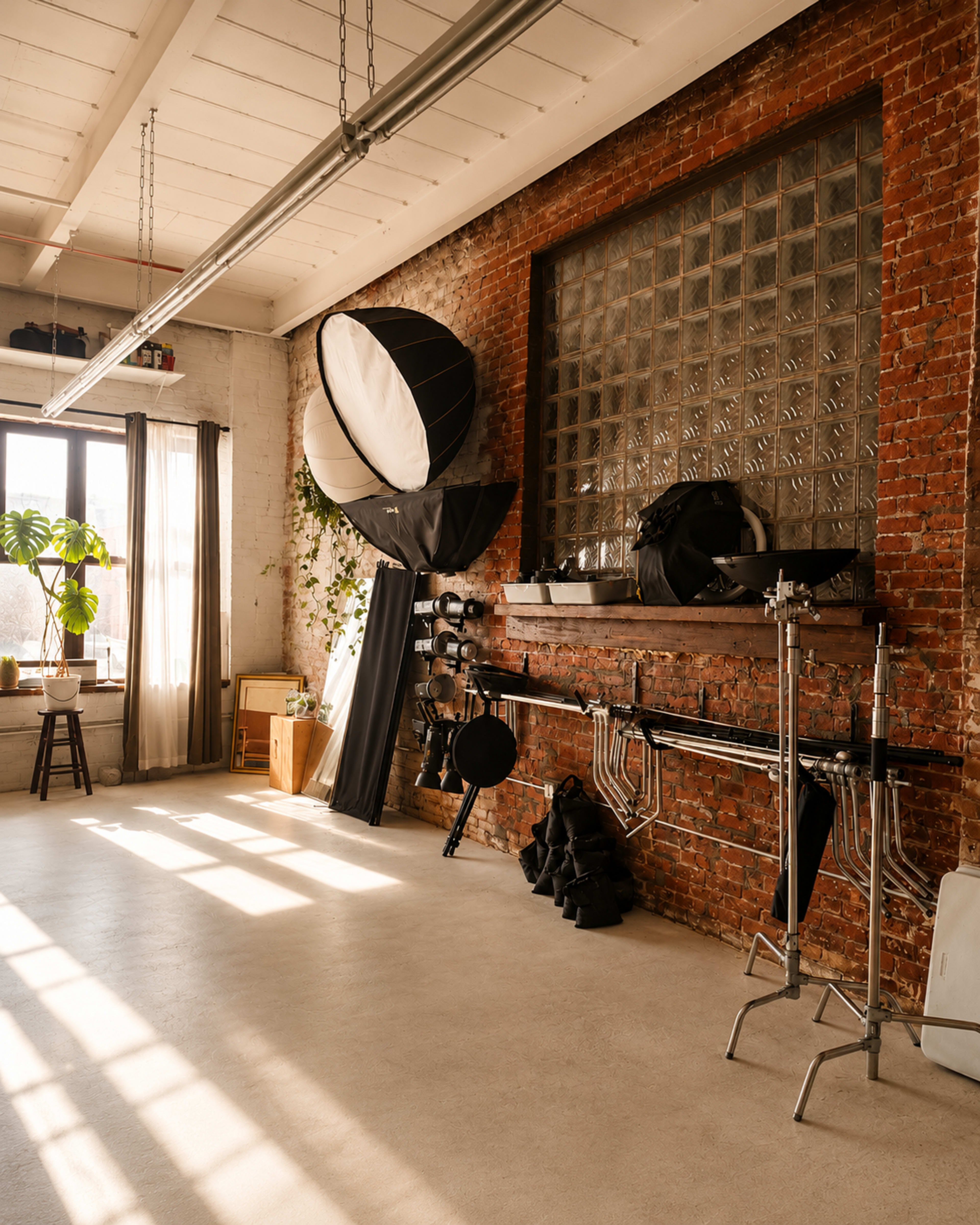 The image shows a photography studio with a brick wall, large softboxes, and various equipment arranged near a window with natural light streaming in.