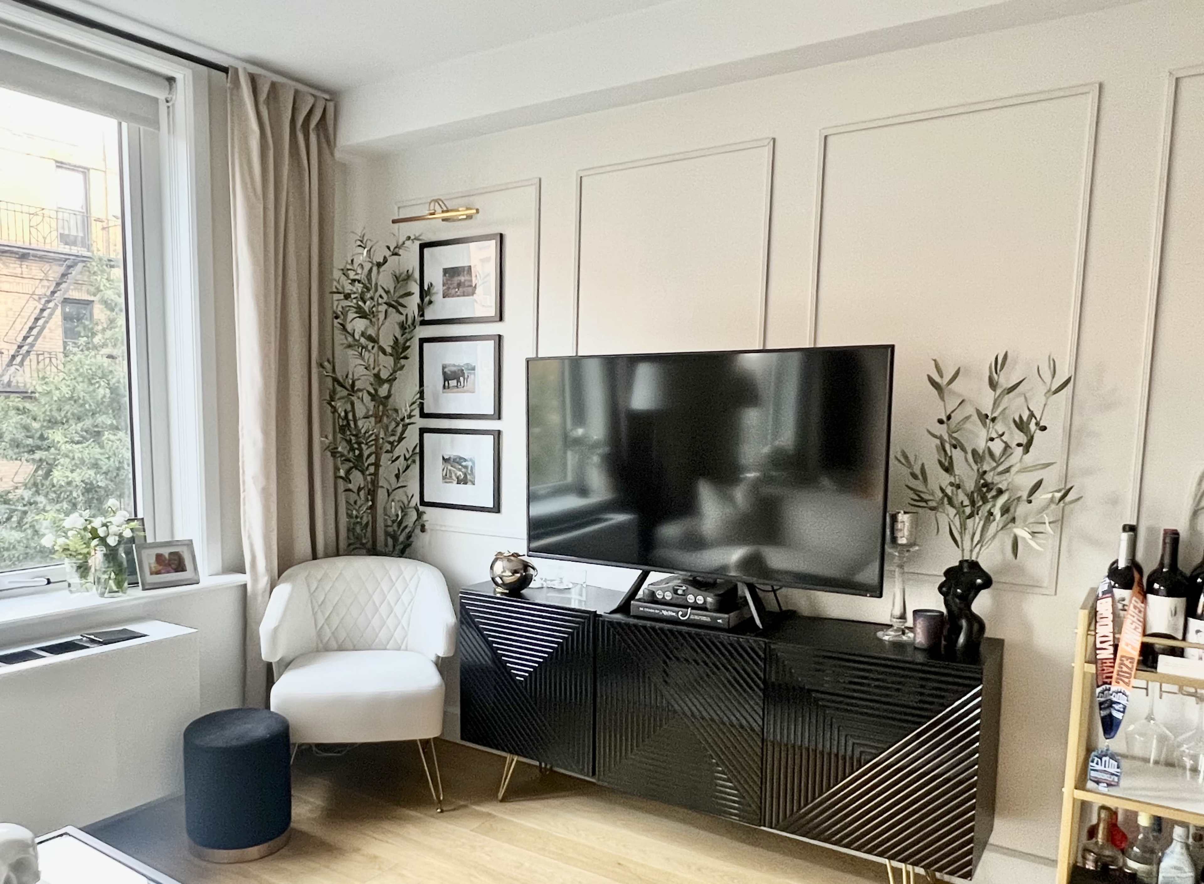 A modern living room features a large television on a sleek black media console, surrounded by decorative plants and framed pictures.