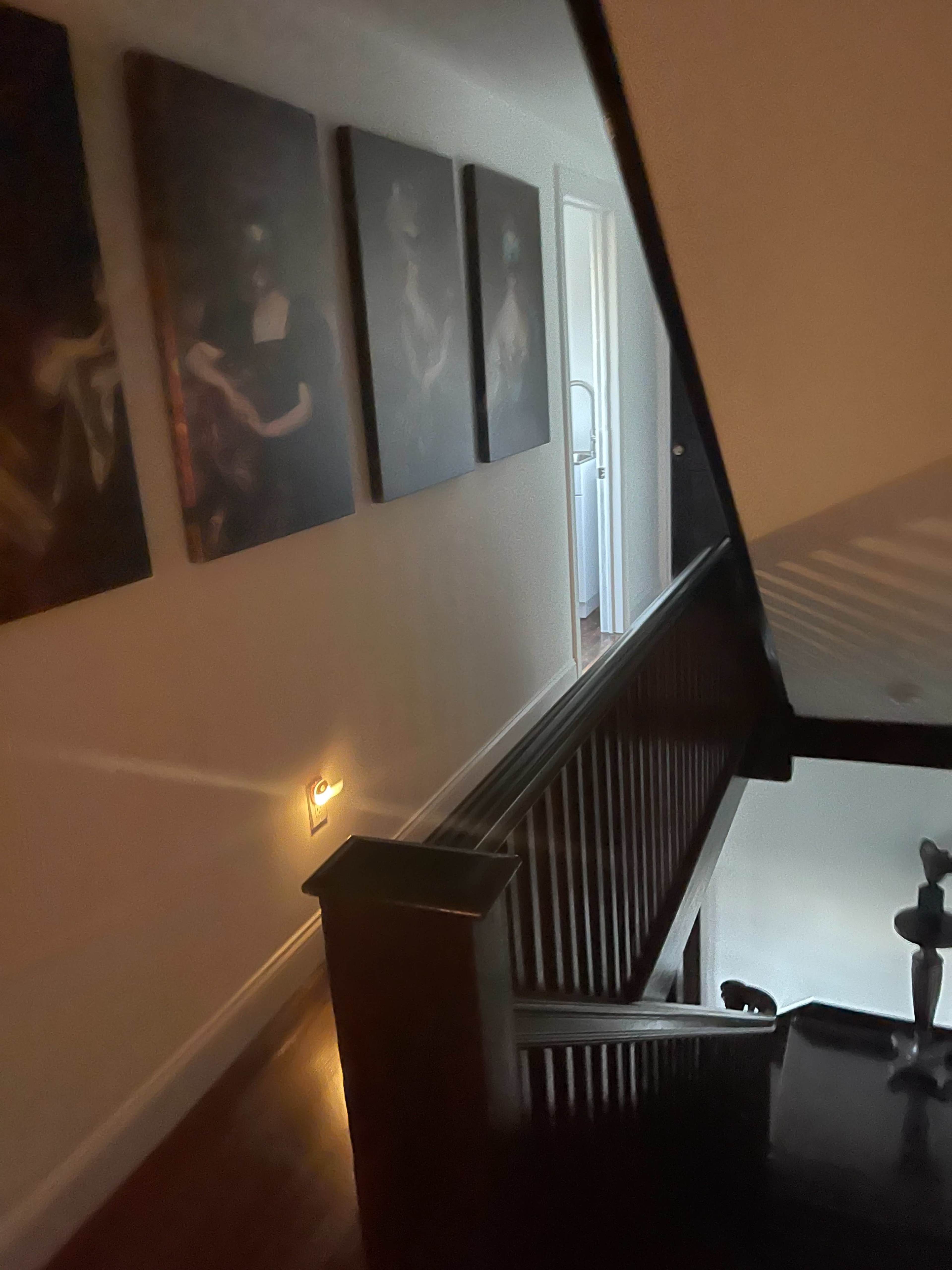 A stairway leads down to a hallway with four paintings on the wall and a door at the end.