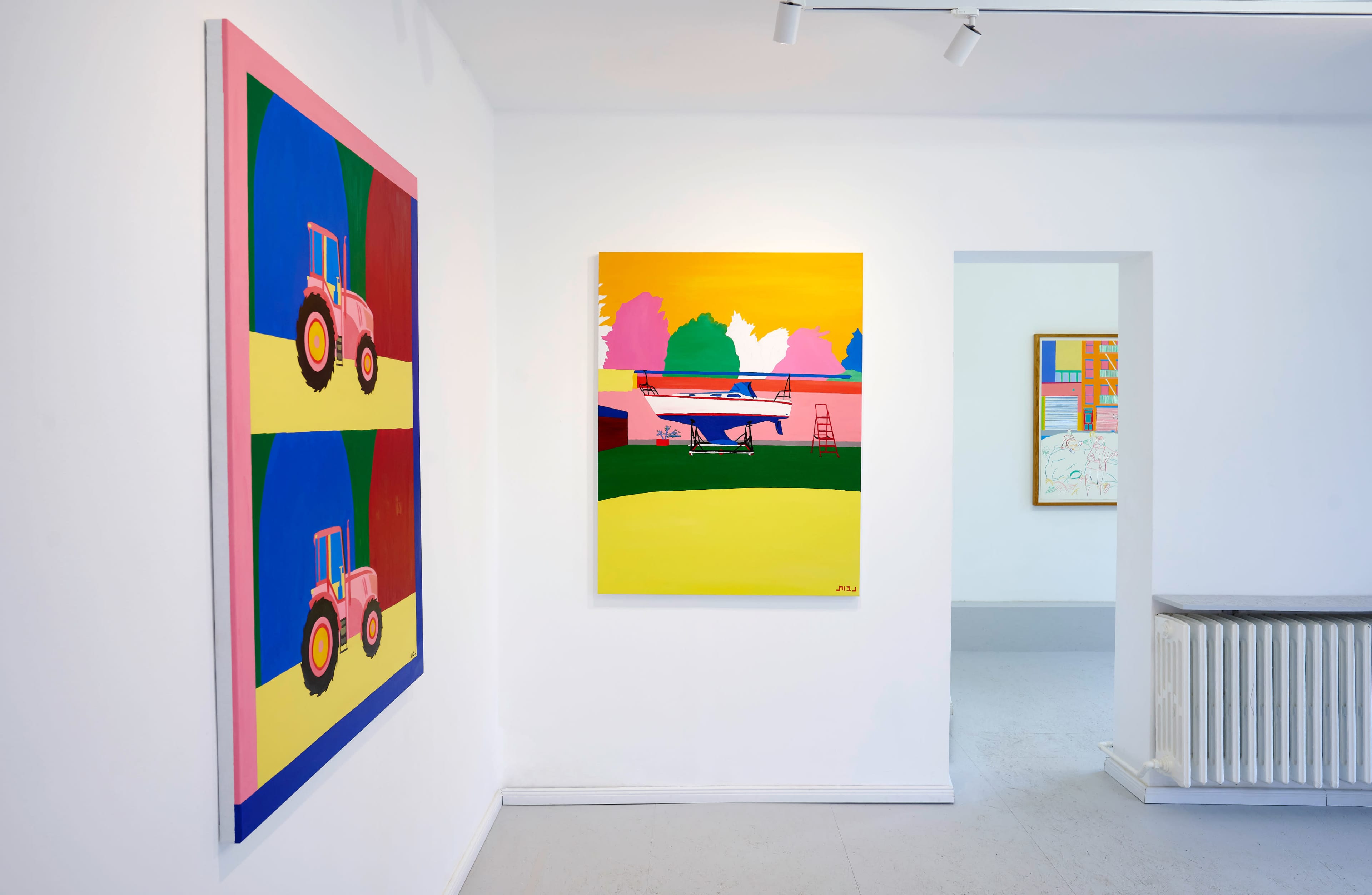 An art gallery with two paintings on the left wall and a doorway leading to another room on the right.