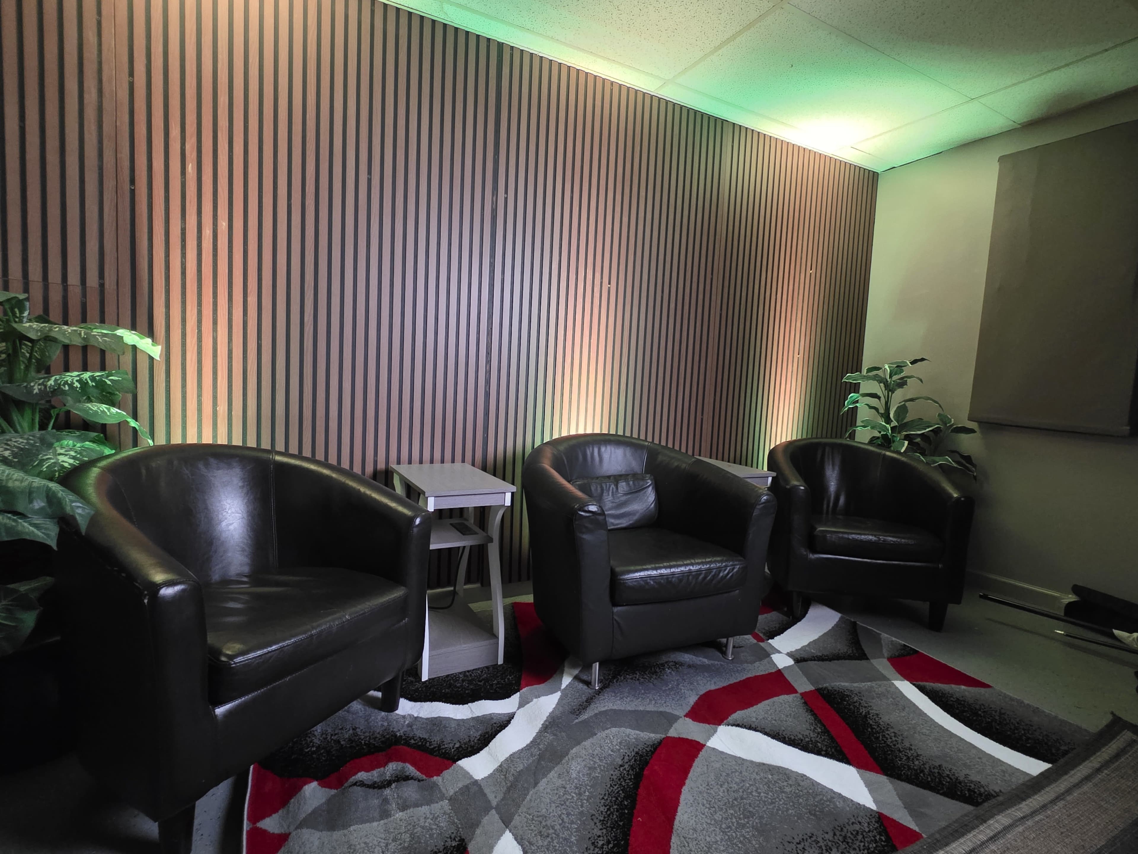 The image shows a small seating area with two black chairs, a side table, and decorative plants against a wooden wall, illuminated by soft green lighting.