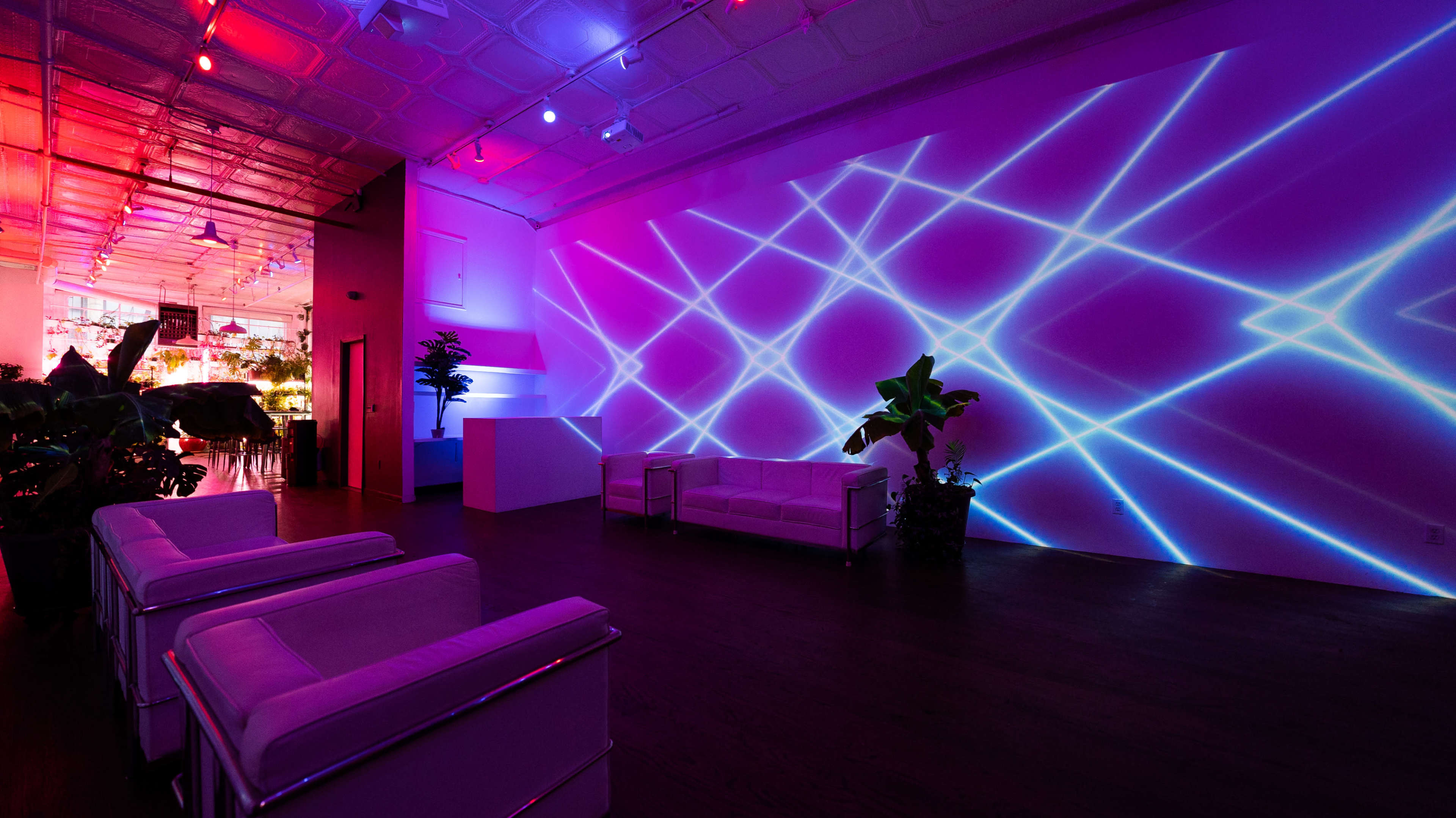 A modern interior space features a white couch and plants, with colorful lights casting geometric patterns on the walls.
