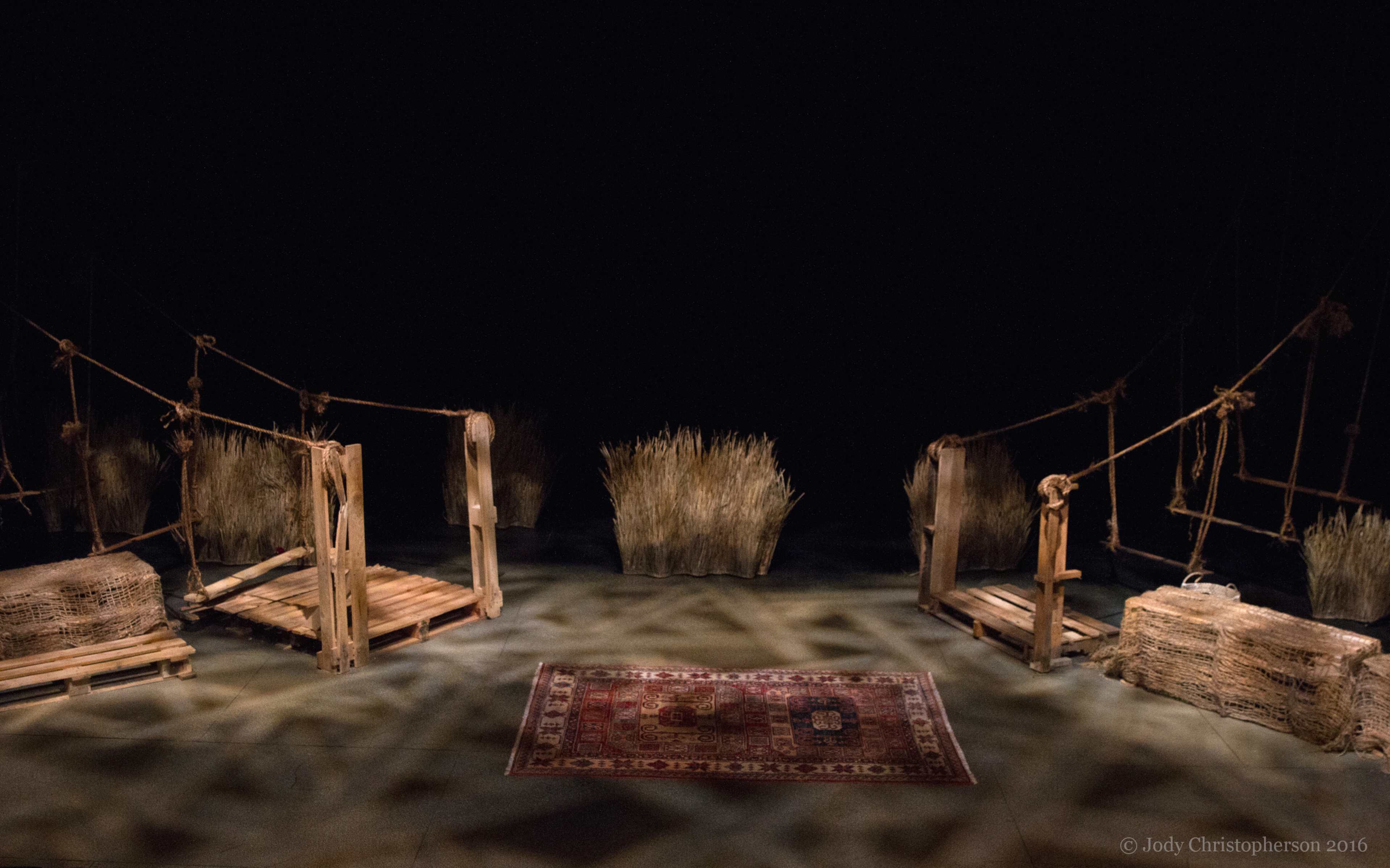The scene depicts a dimly lit stage set featuring wooden platforms, ropes, and a central area with a decorative rug amidst sparse grass-like props.