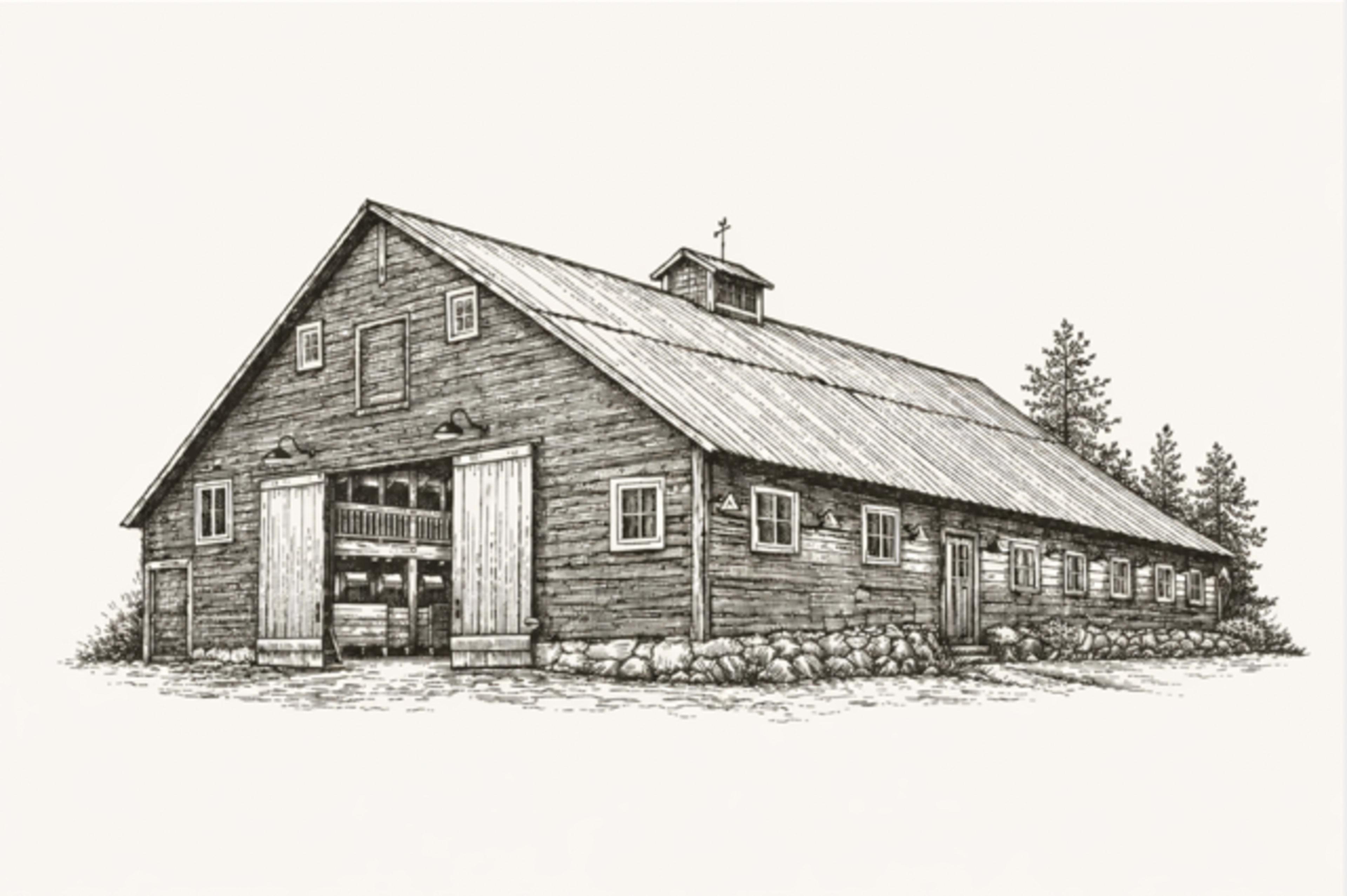 The image depicts a detailed black-and-white illustration of a large wooden barn with a gabled roof and double doors, set against a backdrop of simple trees.