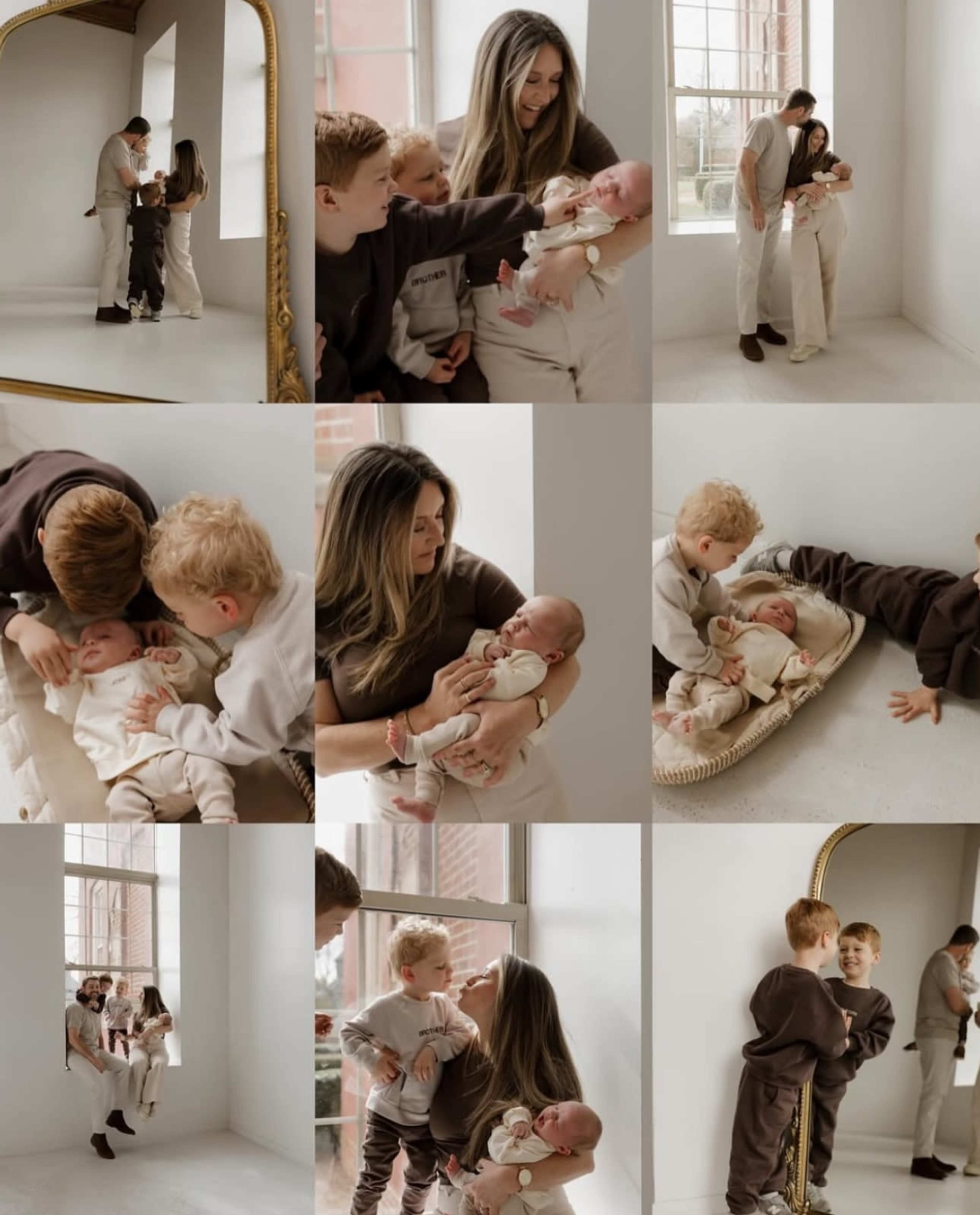 A family is photographed in a bright, minimalistic room, showcasing interactions among a mother and her three children, including a newborn.