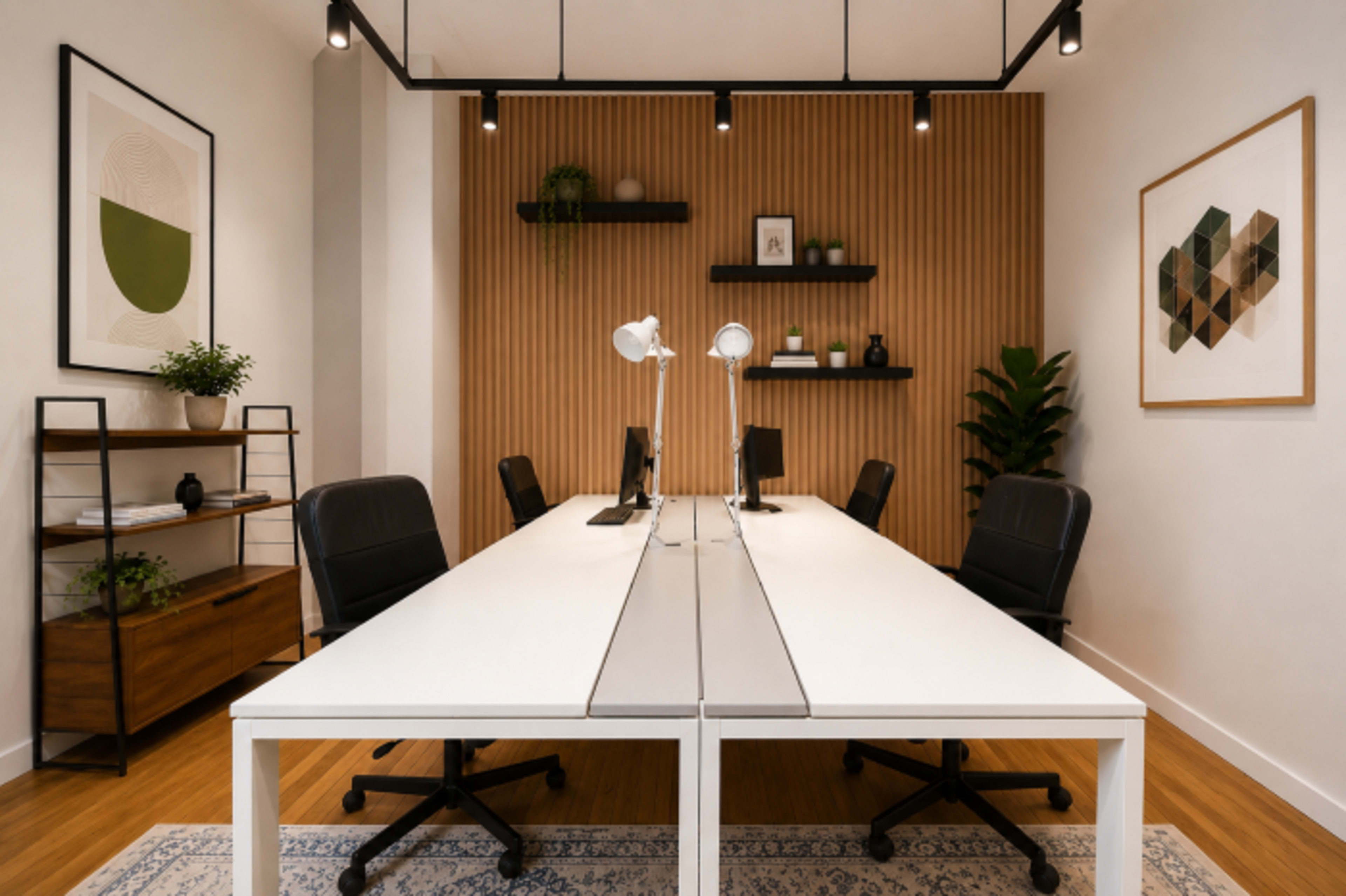 The image shows a modern office space with two long white desks facing each other, each equipped with desk lamps, surrounded by plants and wall-mounted shelves displaying decorative items.
