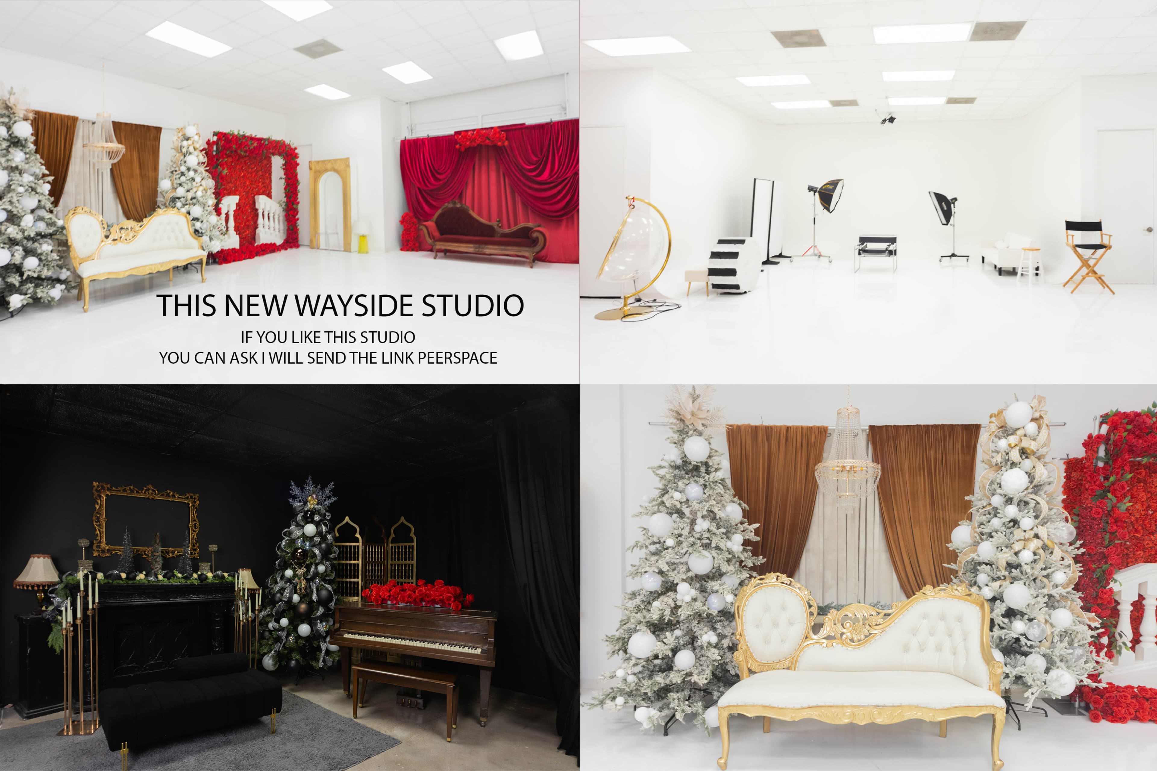 The image showcases four different studio setups, each featuring distinct backdrops and props for photography, including a luxurious white sofa and decorated Christmas trees.