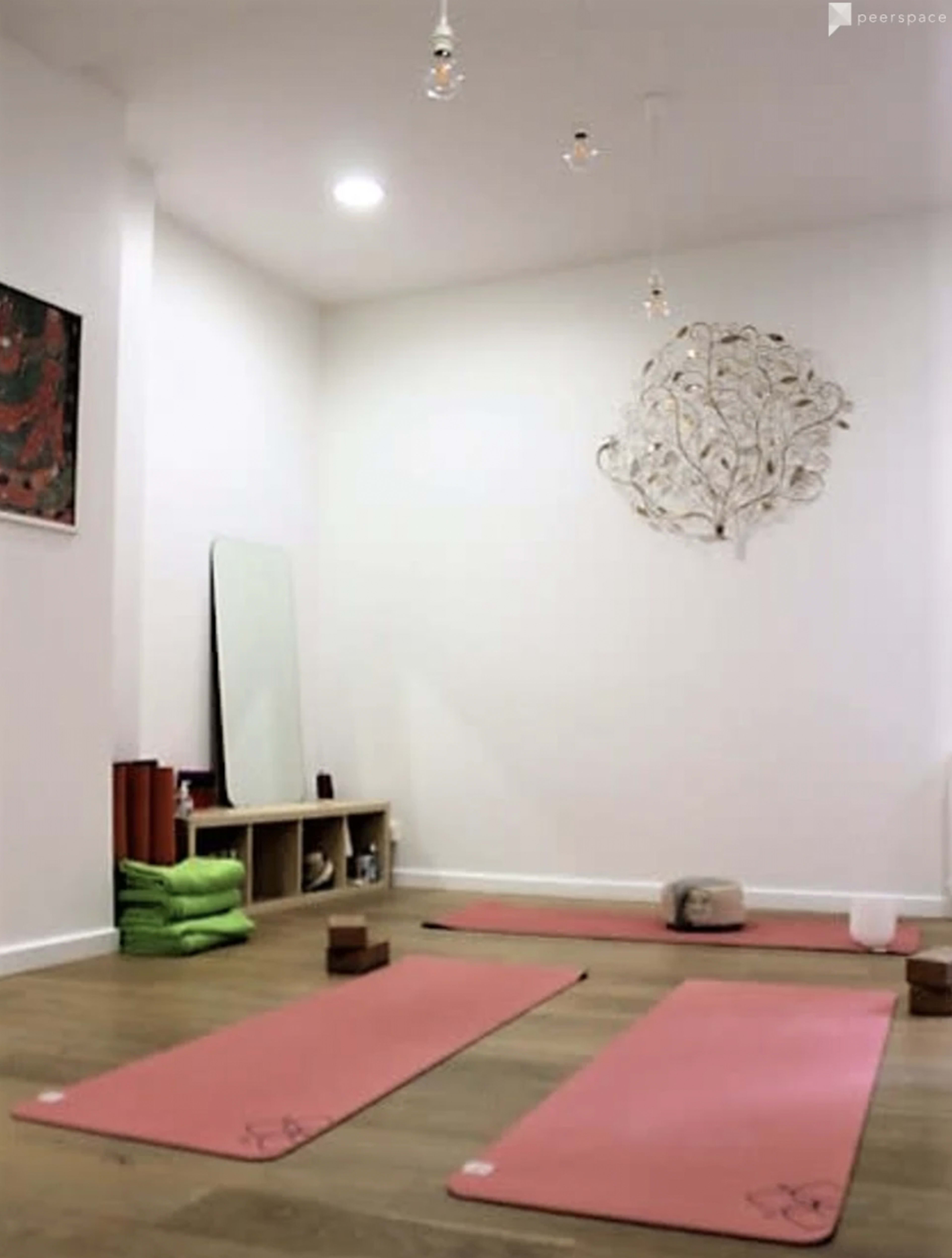 A minimalist yoga studio with two pink mats on a wooden floor, surrounded by shelves, a mirror, and decorative wall art.