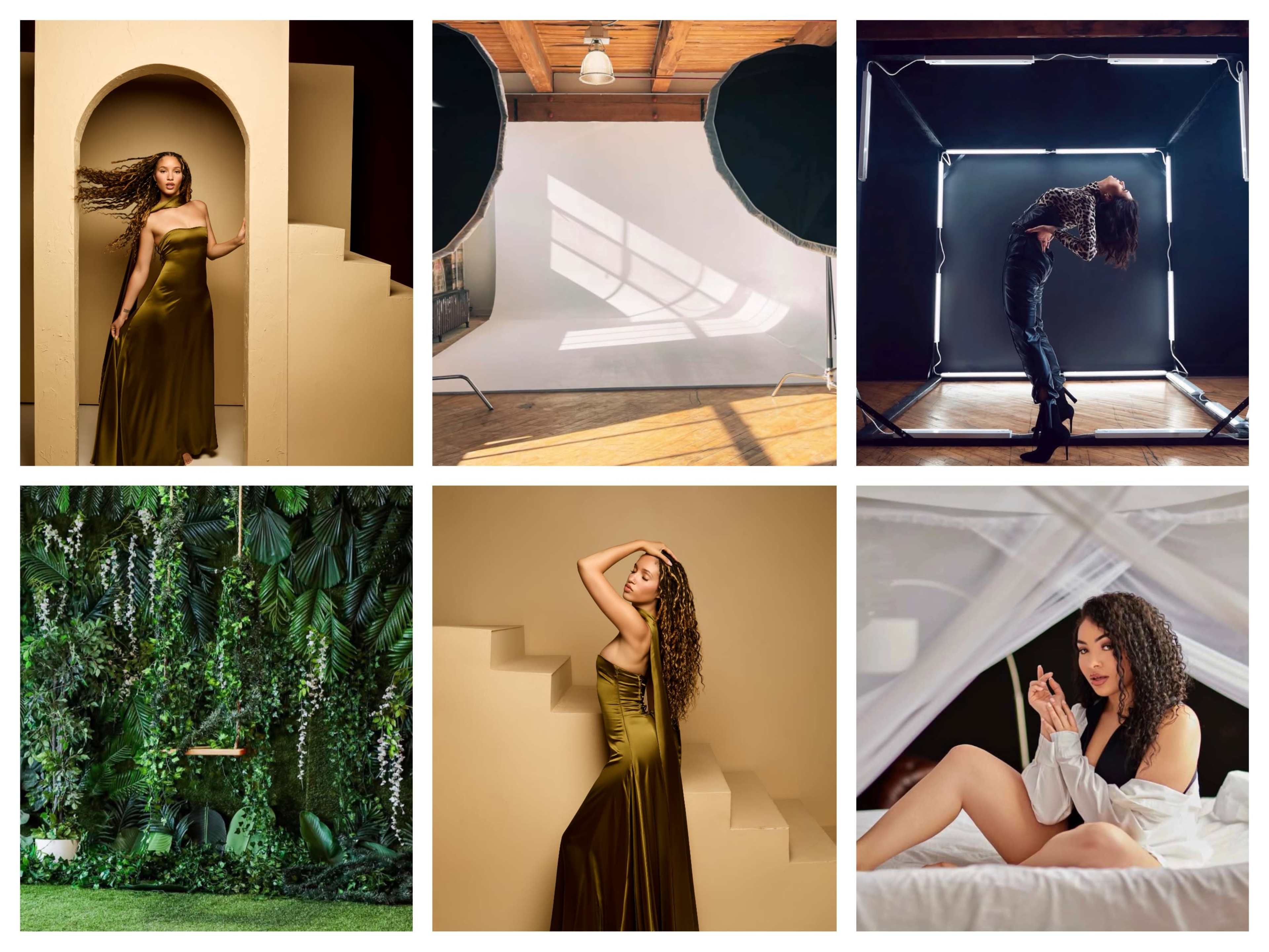 The image displays a collage of six scenes, including a woman in a green dress posing in various settings, a studio backdrop, a model interacting with shadows, and scenes featuring lush greenery and indoor environments.