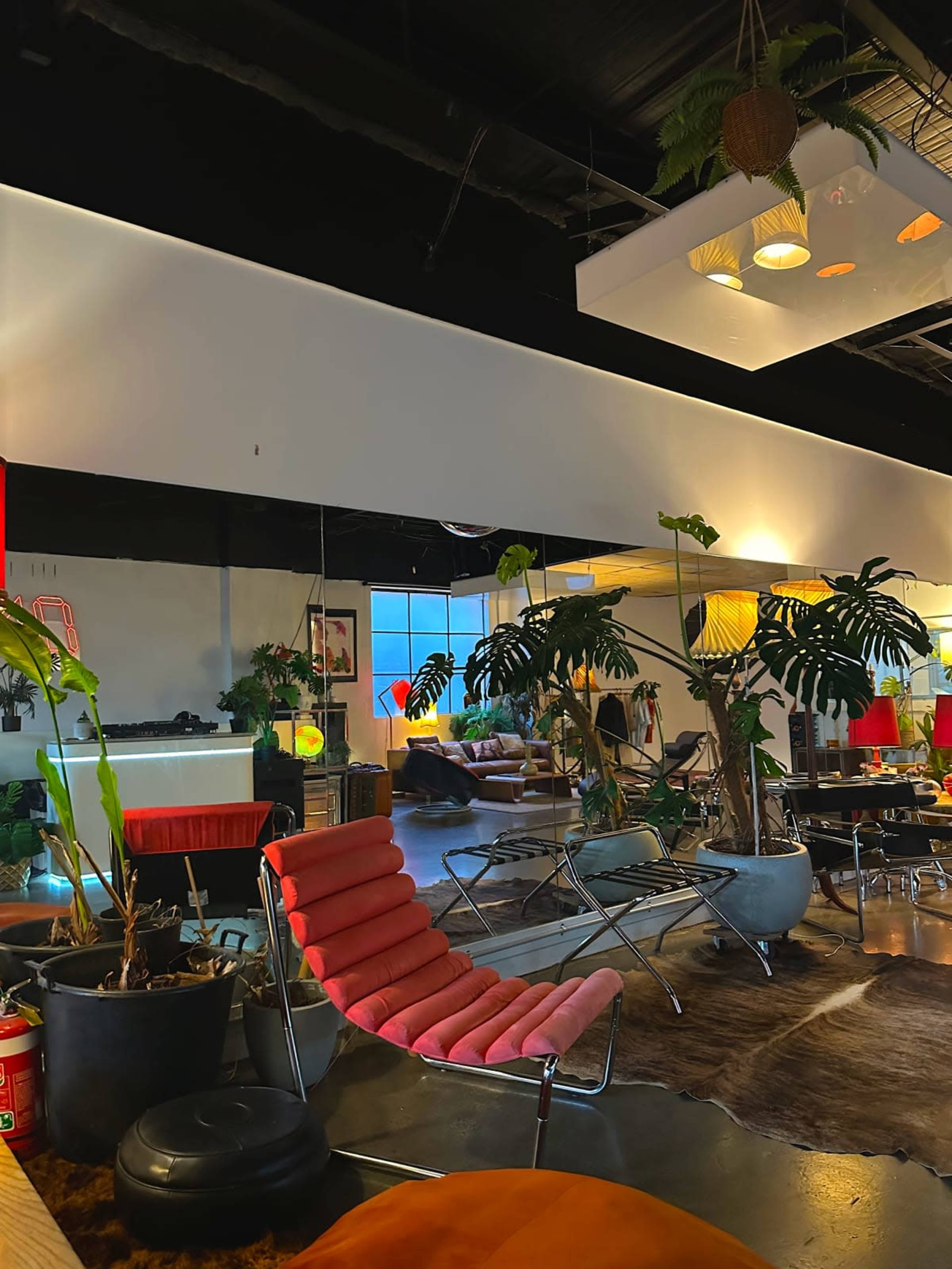The image shows a modern interior space designed with various plants, colorful furniture, and large windows letting in natural light.