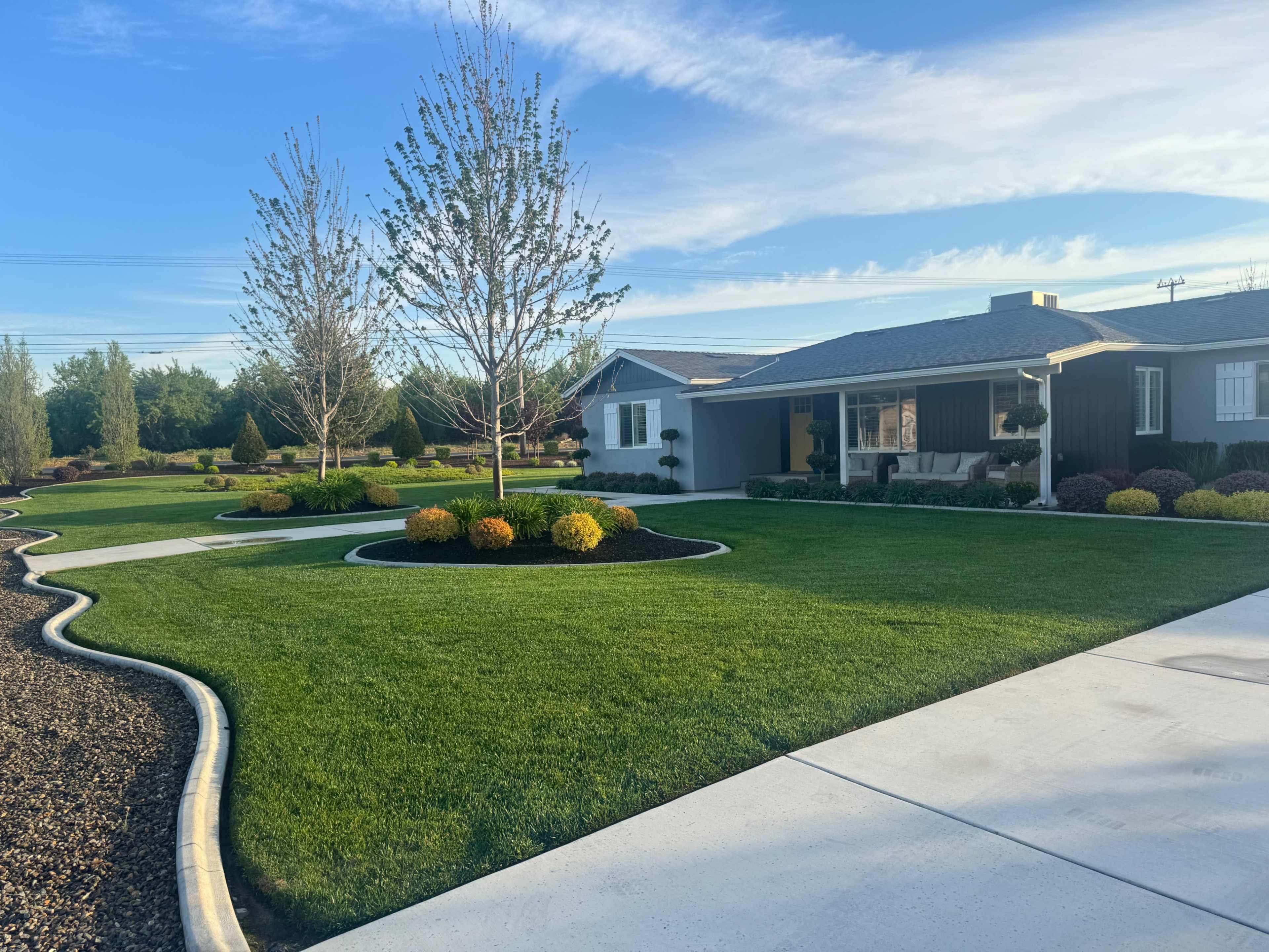 The image shows a well-manicured front yard with neatly trimmed grass, decorative plants, and a modern house under a clear sky.