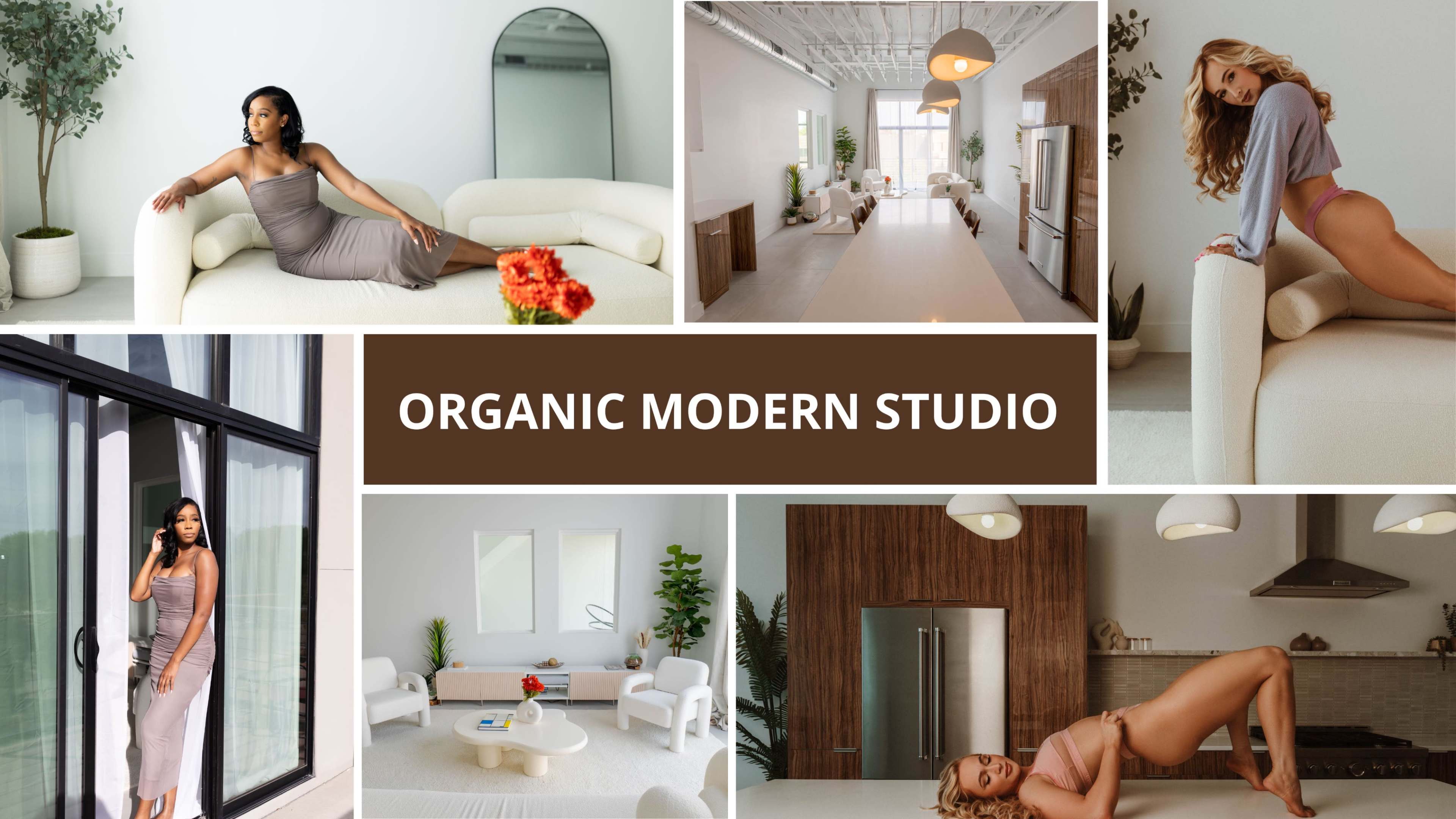 The image features a collage of a modern studio space with stylish furnishings and models in various poses throughout the rooms.