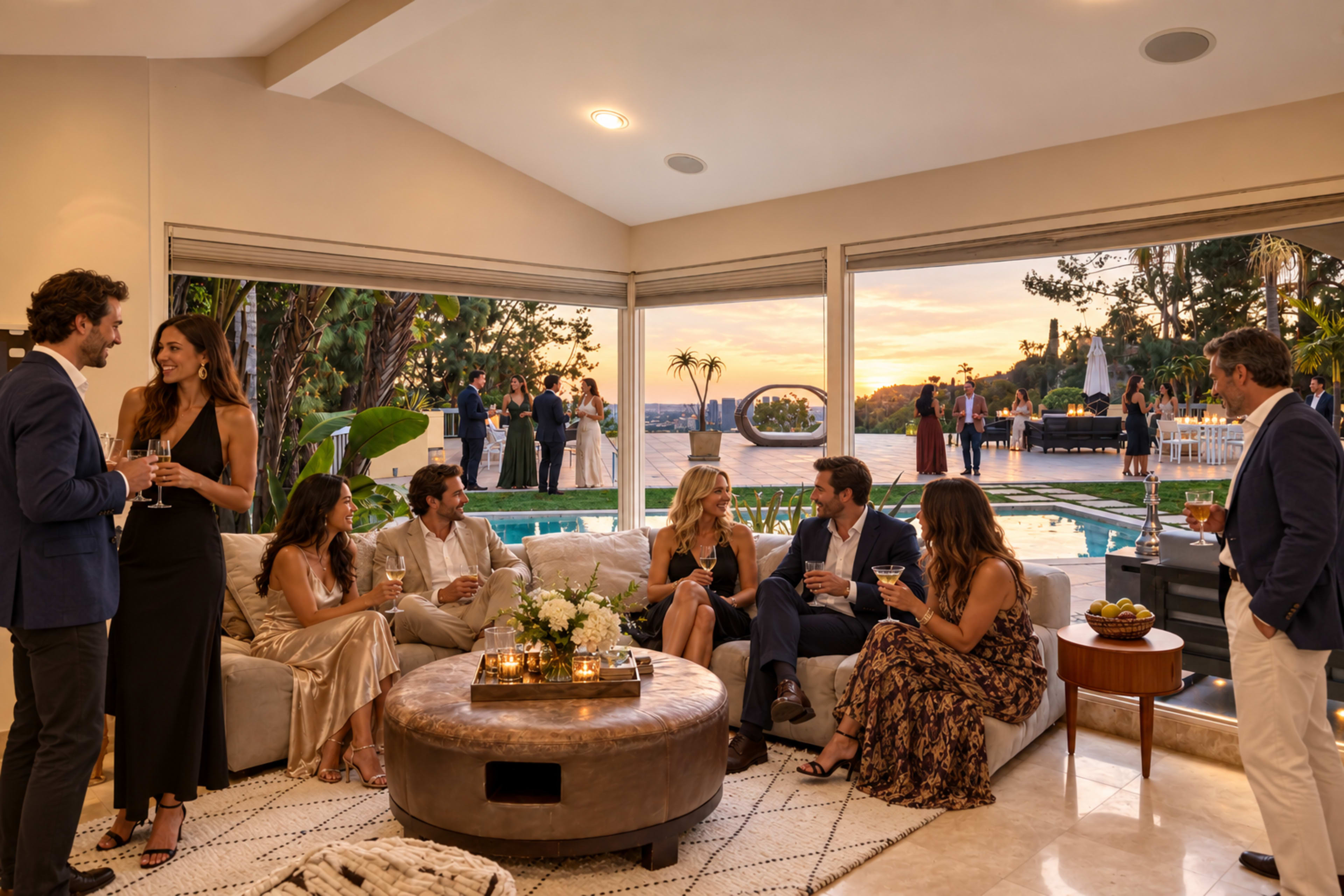 A group of elegantly dressed guests socialize indoors and outdoors at a modern home during a sunset gathering, with a pool visible in the background.