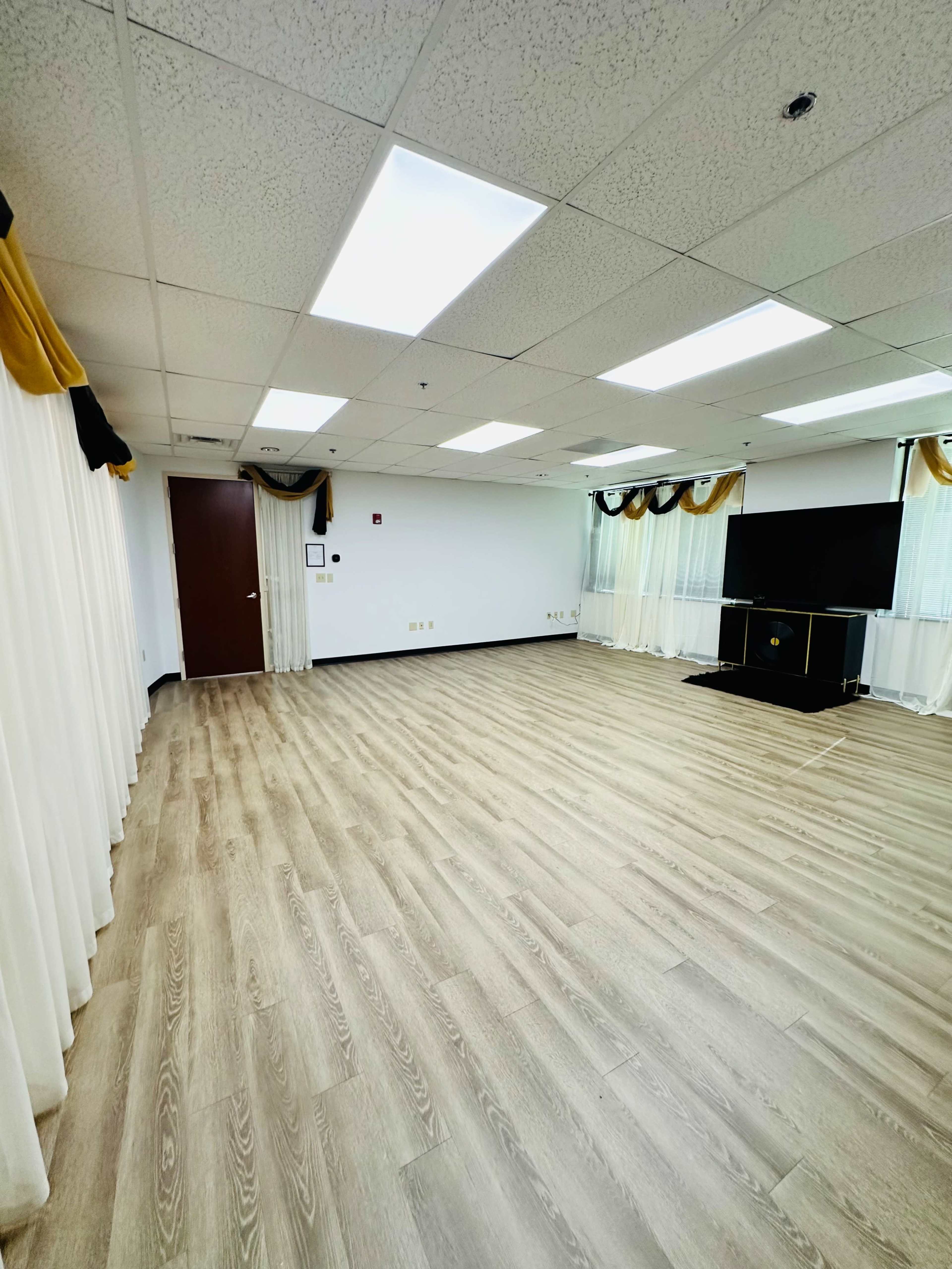 The image shows an empty room with wooden flooring, a large television on a stand, and floor-to-ceiling curtains.
