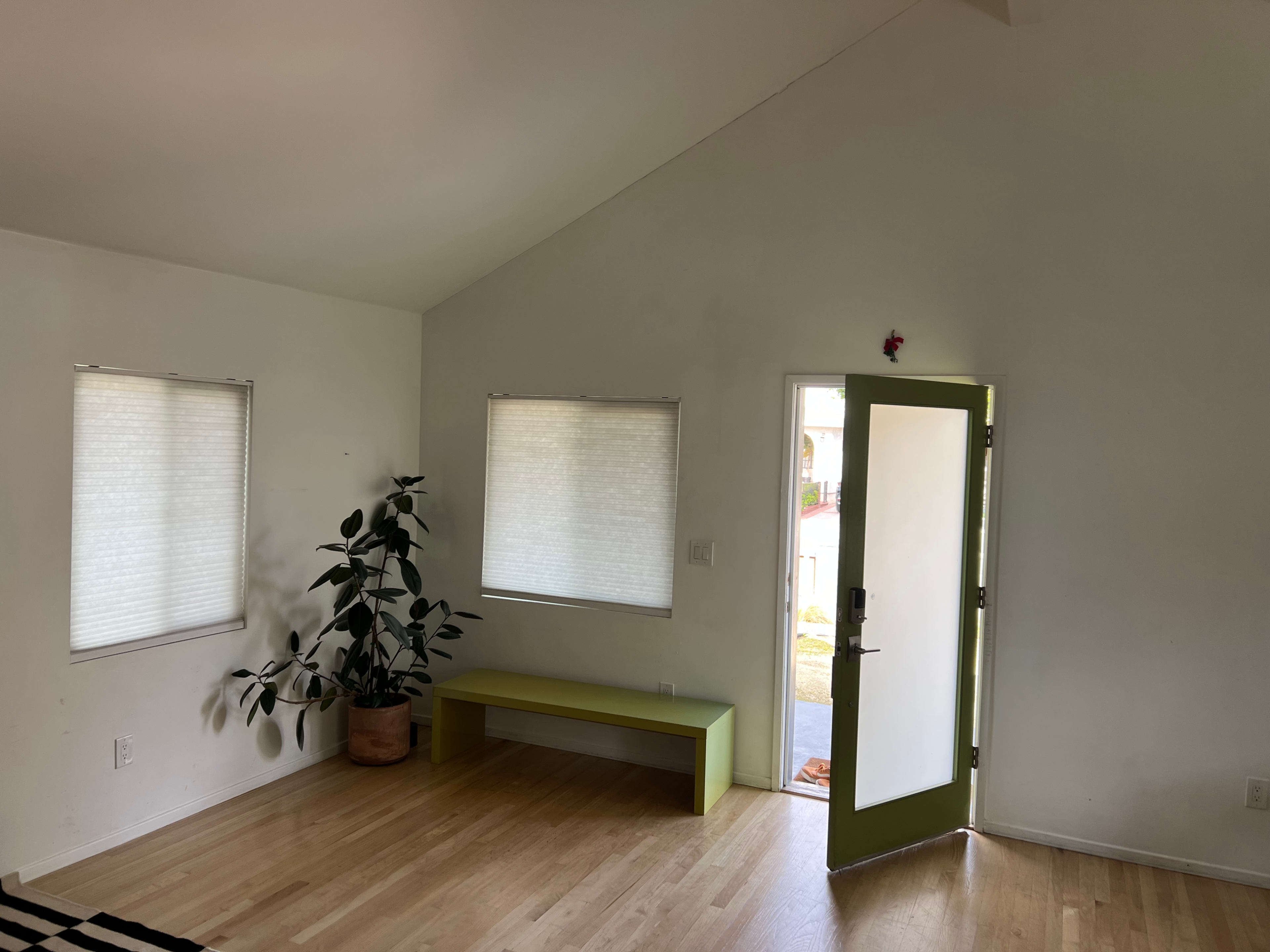 The image shows a room with a bench, a large plant, and a green door leading outside.