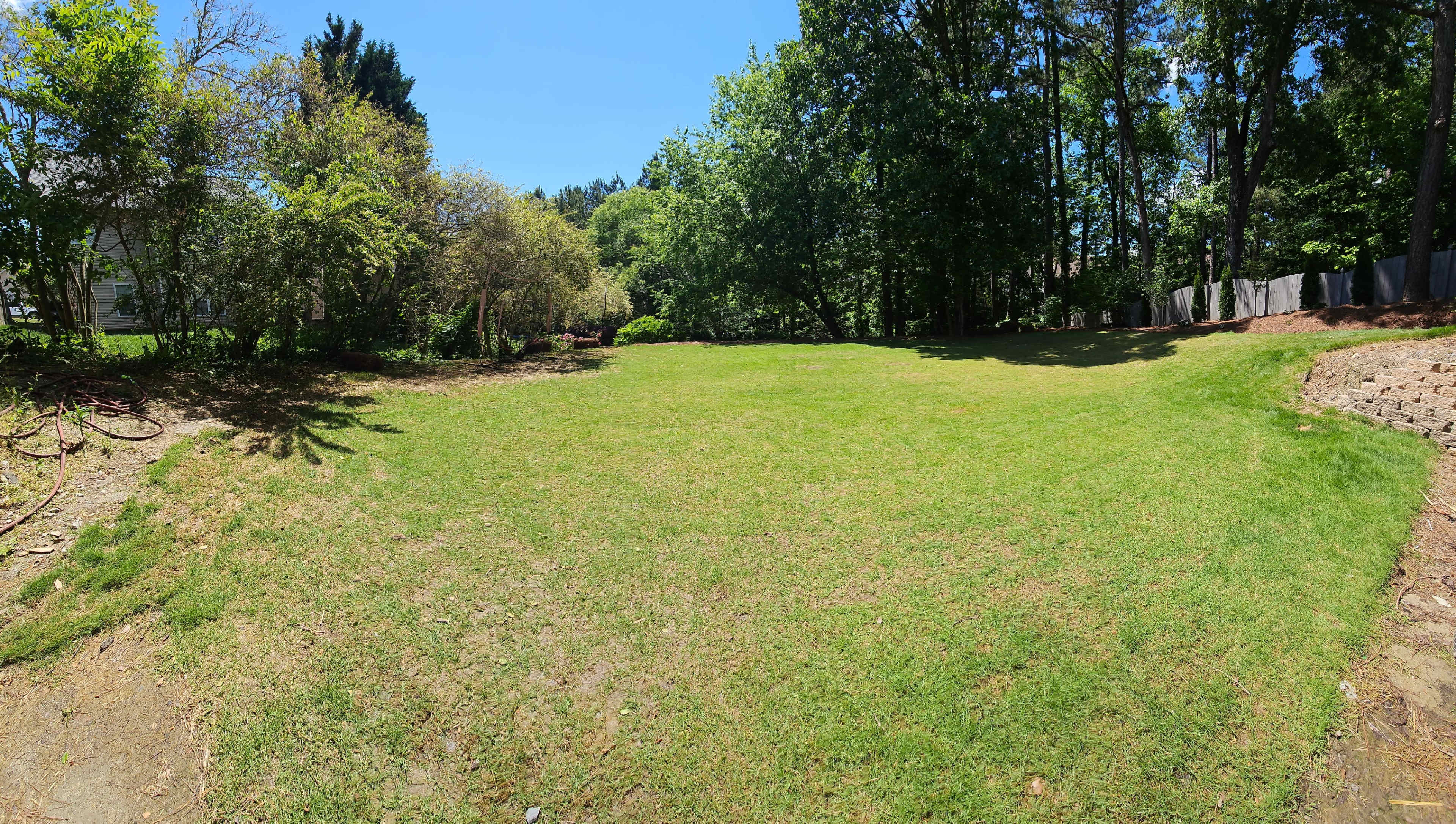 A wide, vacant grassy area is surrounded by trees and shrubs under a clear blue sky.