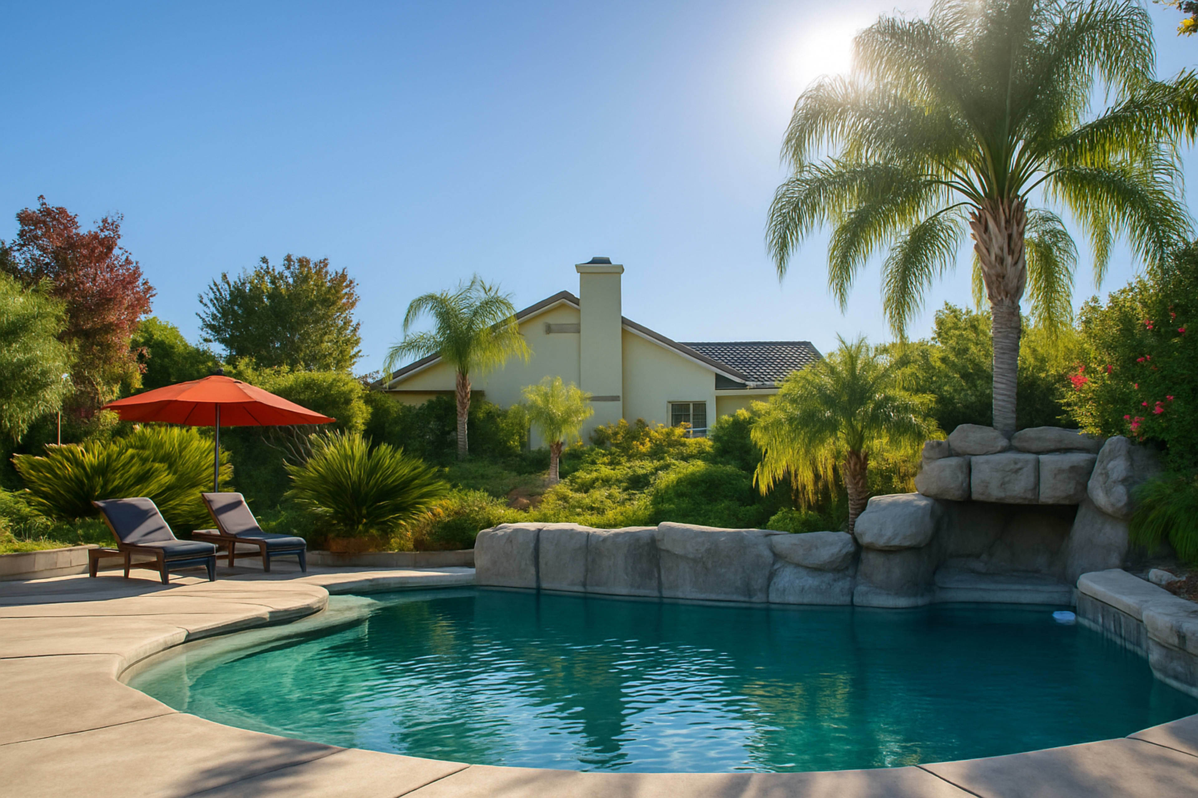 A landscaped backyard features a swimming pool with a rock waterfall, two lounge chairs, an orange umbrella, and a house in the background surrounded by palm trees and greenery.