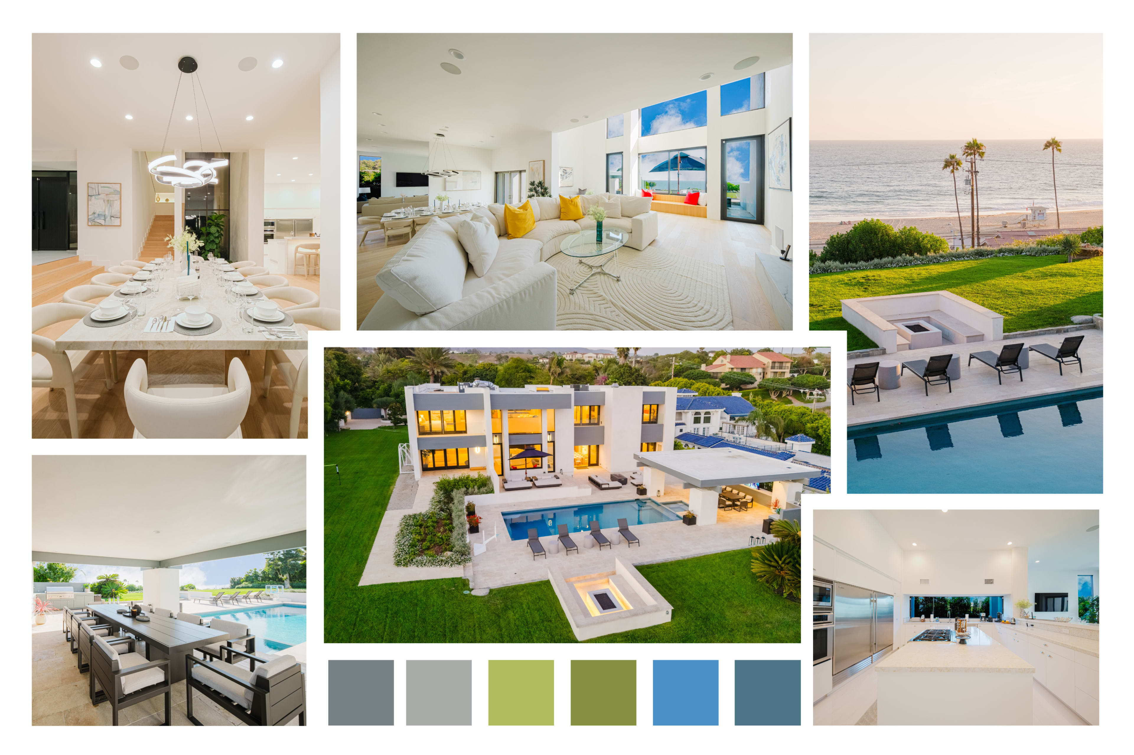The image showcases a luxurious beachfront property featuring multiple outdoor and indoor living spaces, a swimming pool, and modern design elements.
