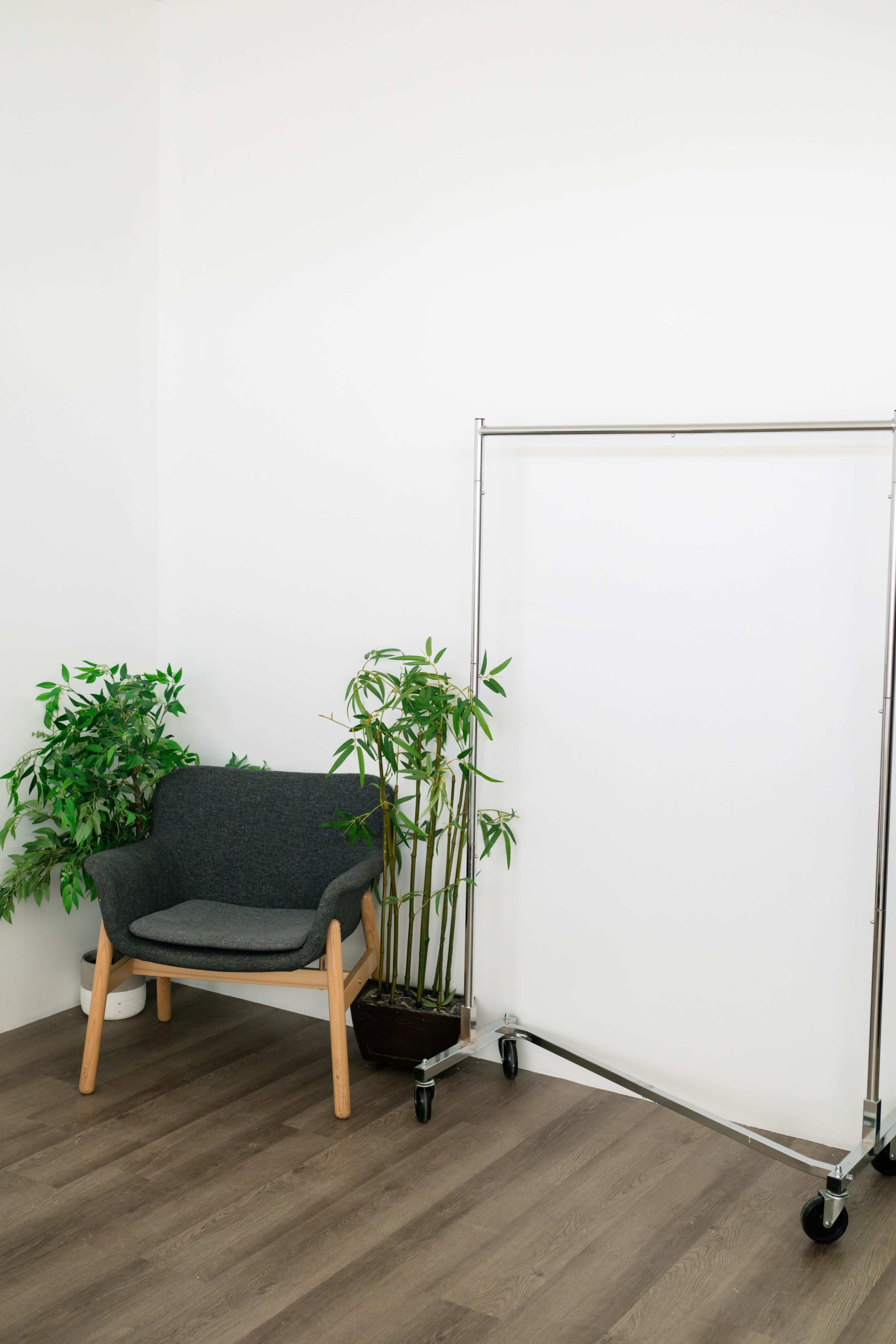 The image shows a minimalist indoor space with a gray armchair next to a potted plant and a mobile clothing rack against a white wall.