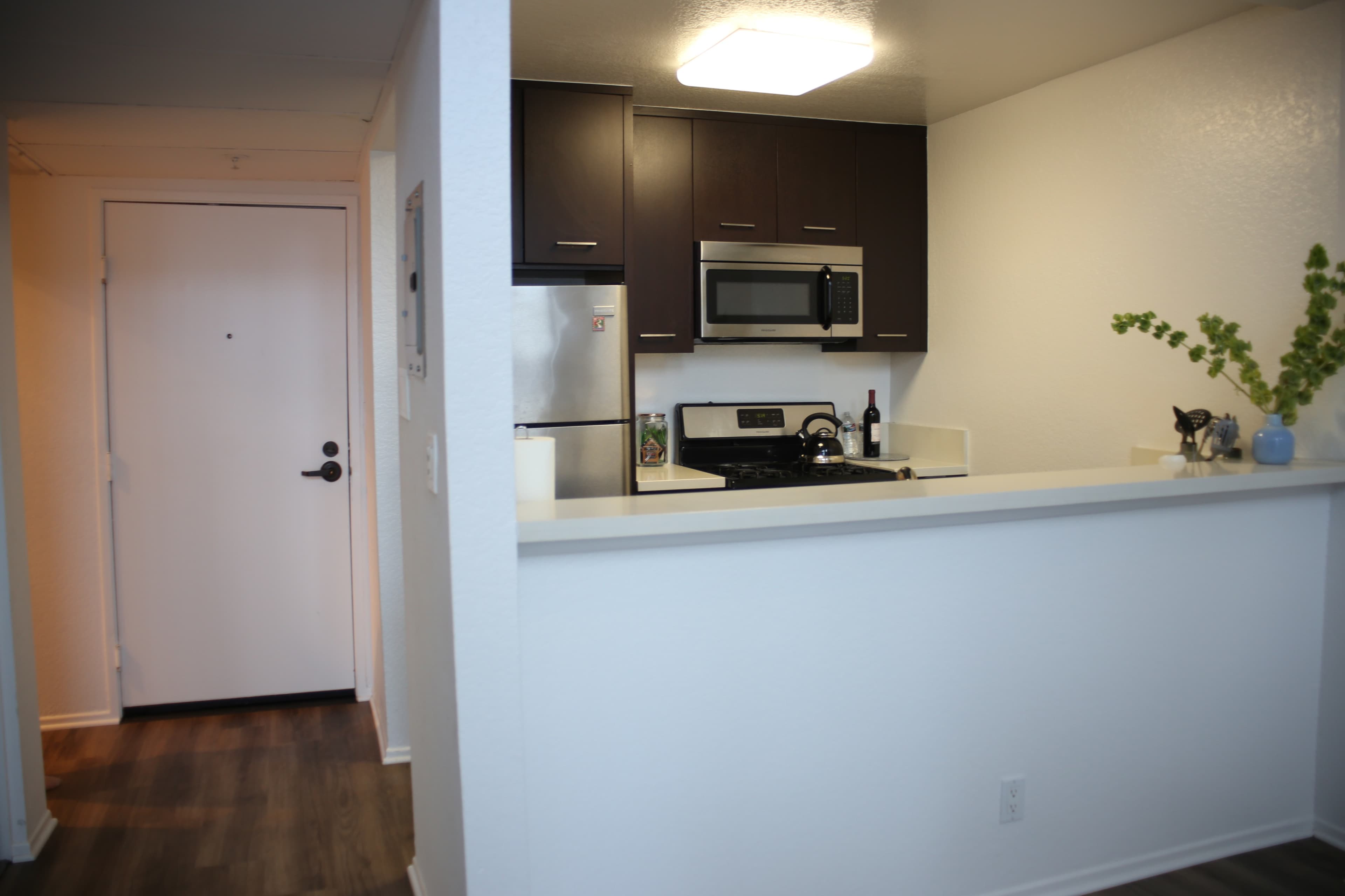 A view of a modern kitchen with dark cabinetry and stainless steel appliances, adjacent to a white wall leading to a front door.
