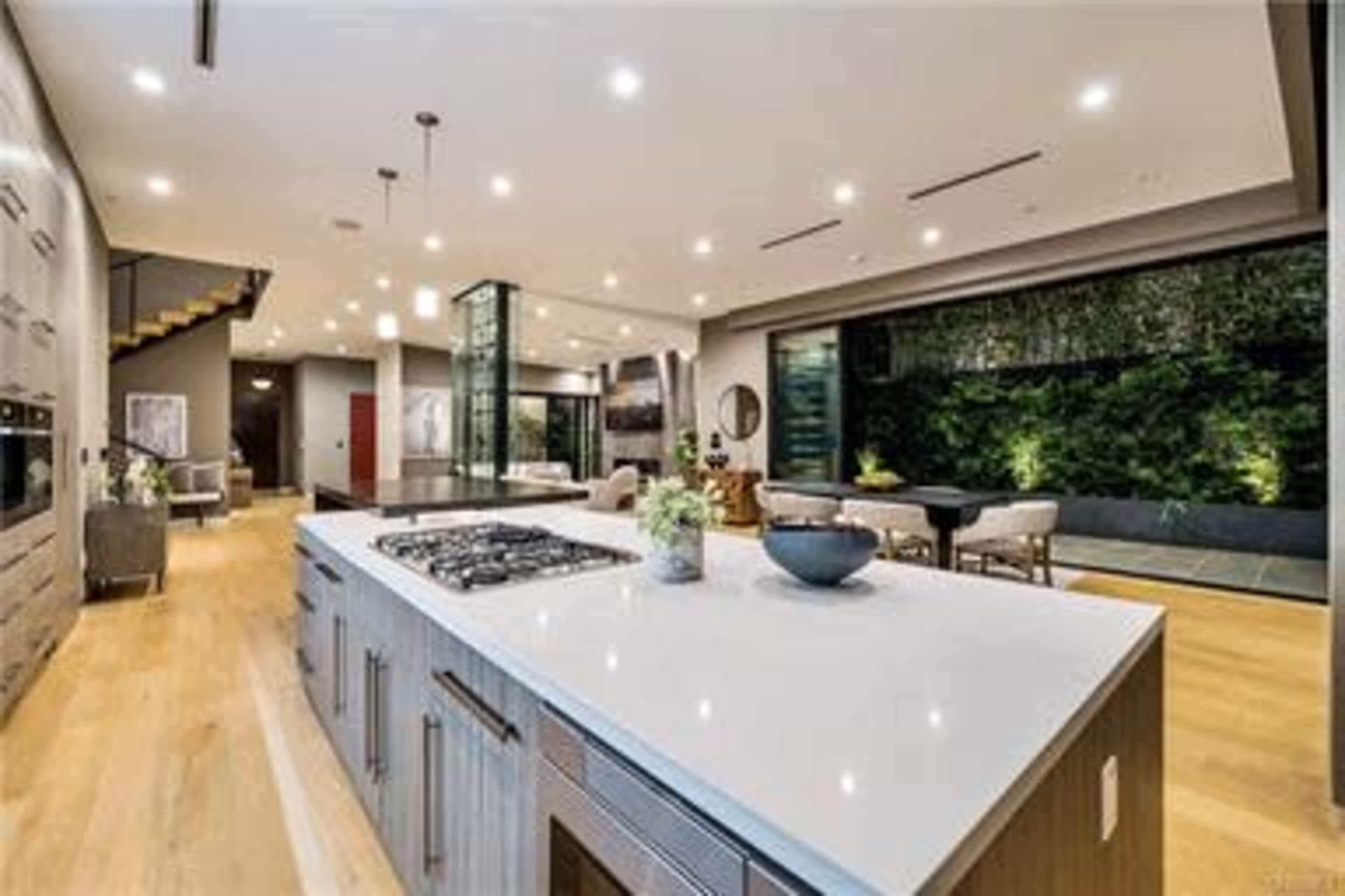 A modern kitchen with a central island, a gas stove, and an open living space featuring large windows and indoor plants.