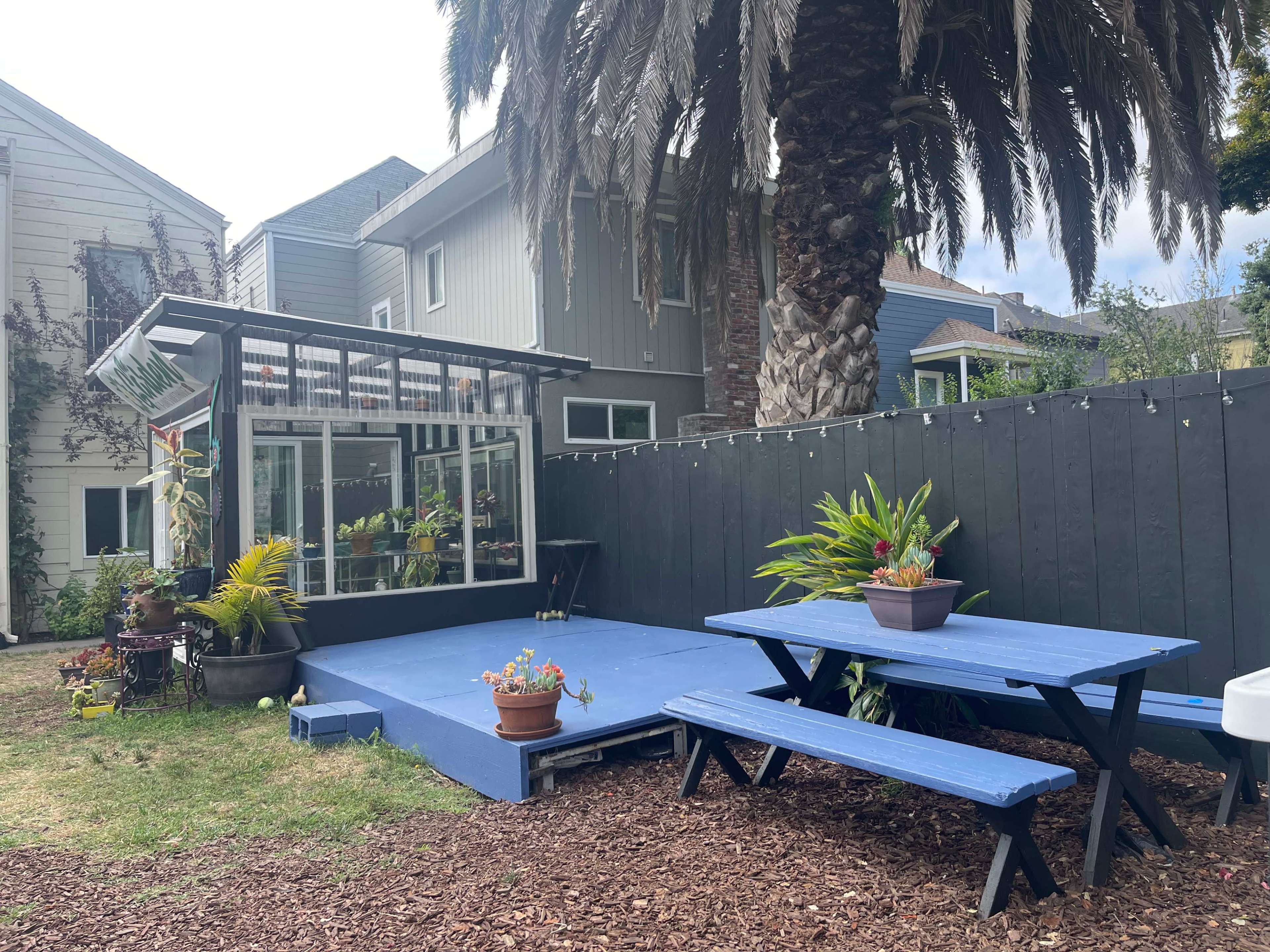 A backyard with a blue wooden deck, a table and benches, a greenhouse, and a palm tree surrounded by a dark wooden fence.