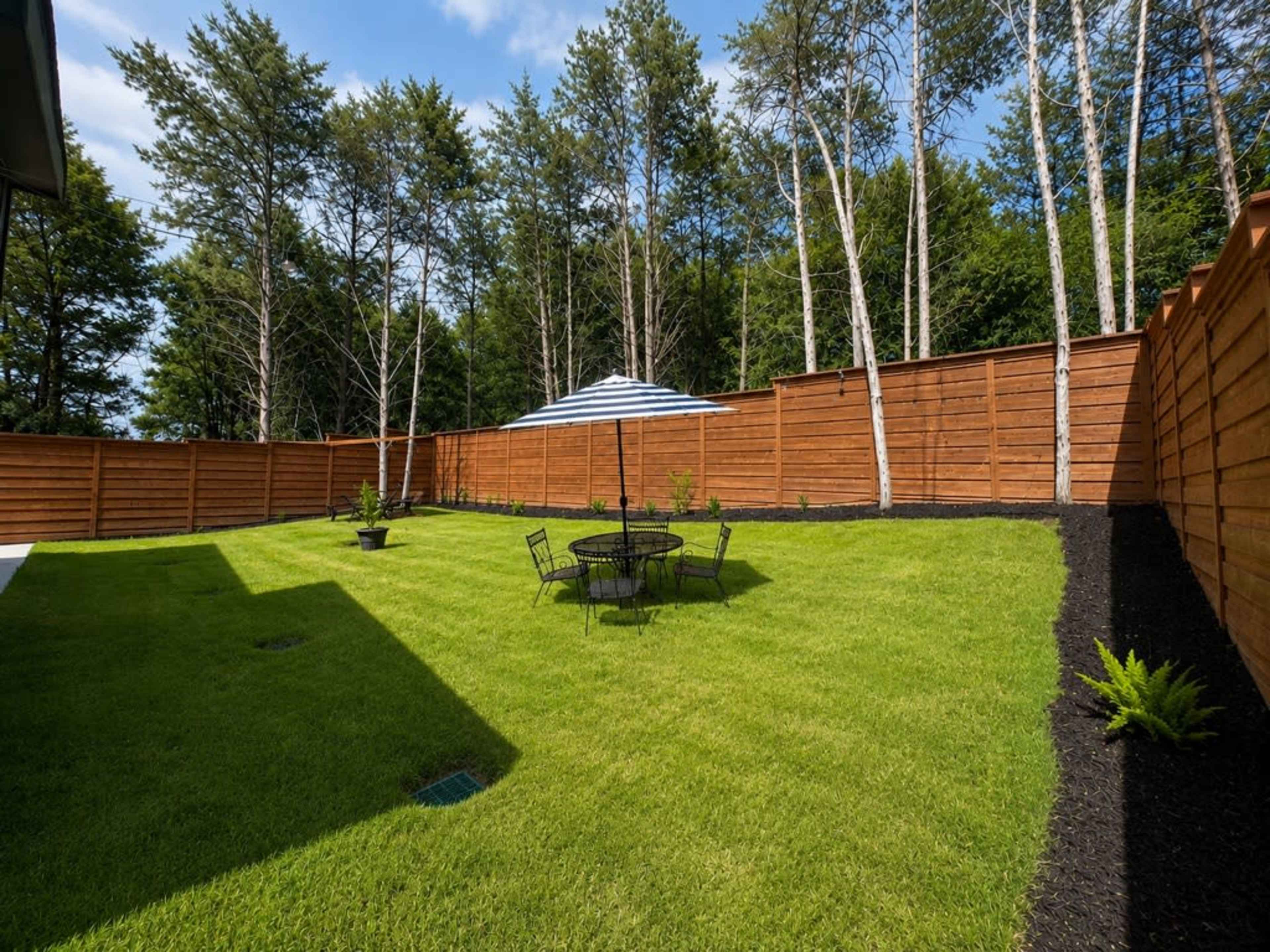 The image shows a well-maintained backyard featuring a round table with chairs under a striped umbrella, surrounded by green grass and bordered by wooden fences and tall trees.