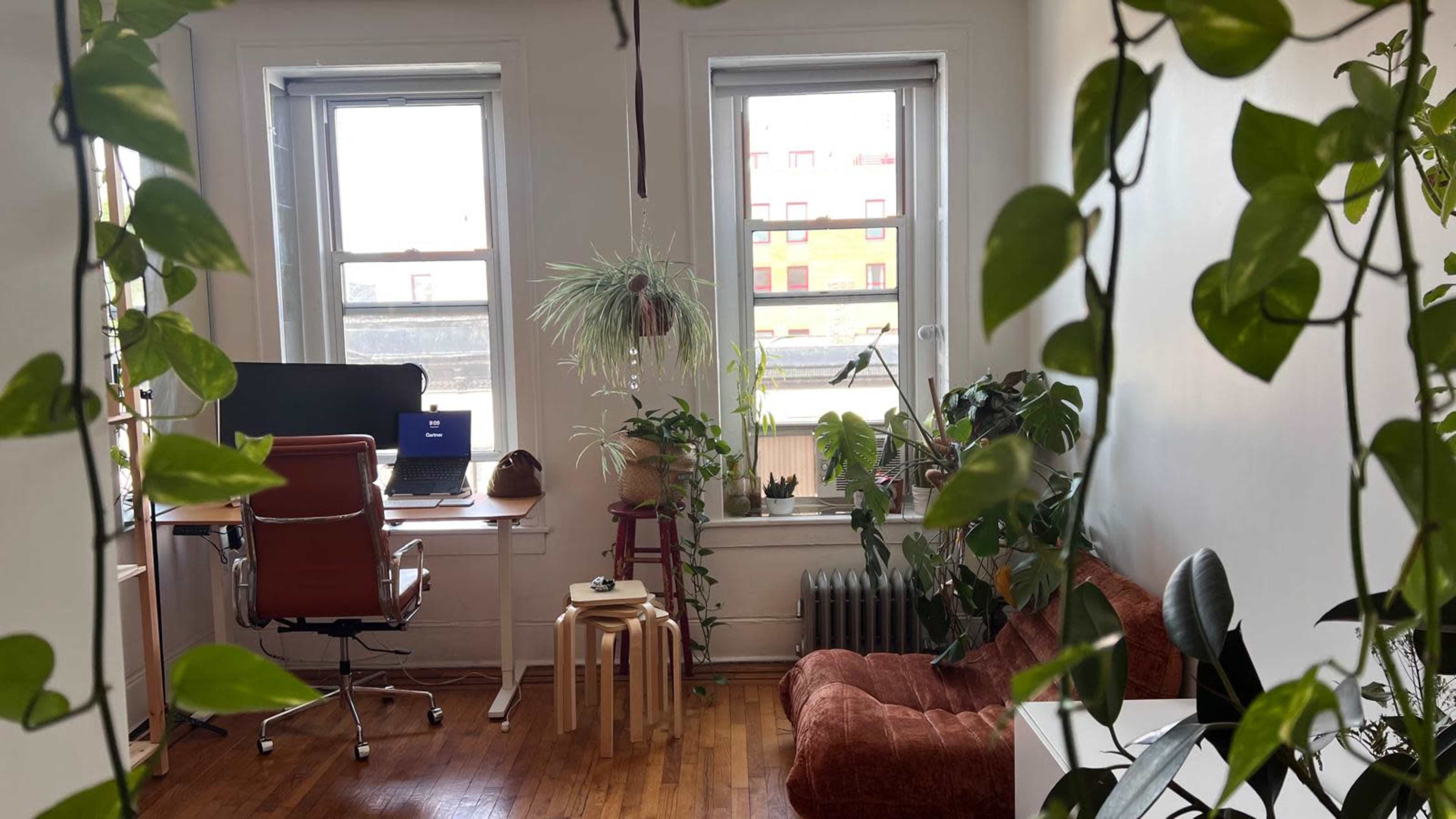 The image shows a bright room with plants, a desk with a computer, an orange couch, and large windows letting in natural light.