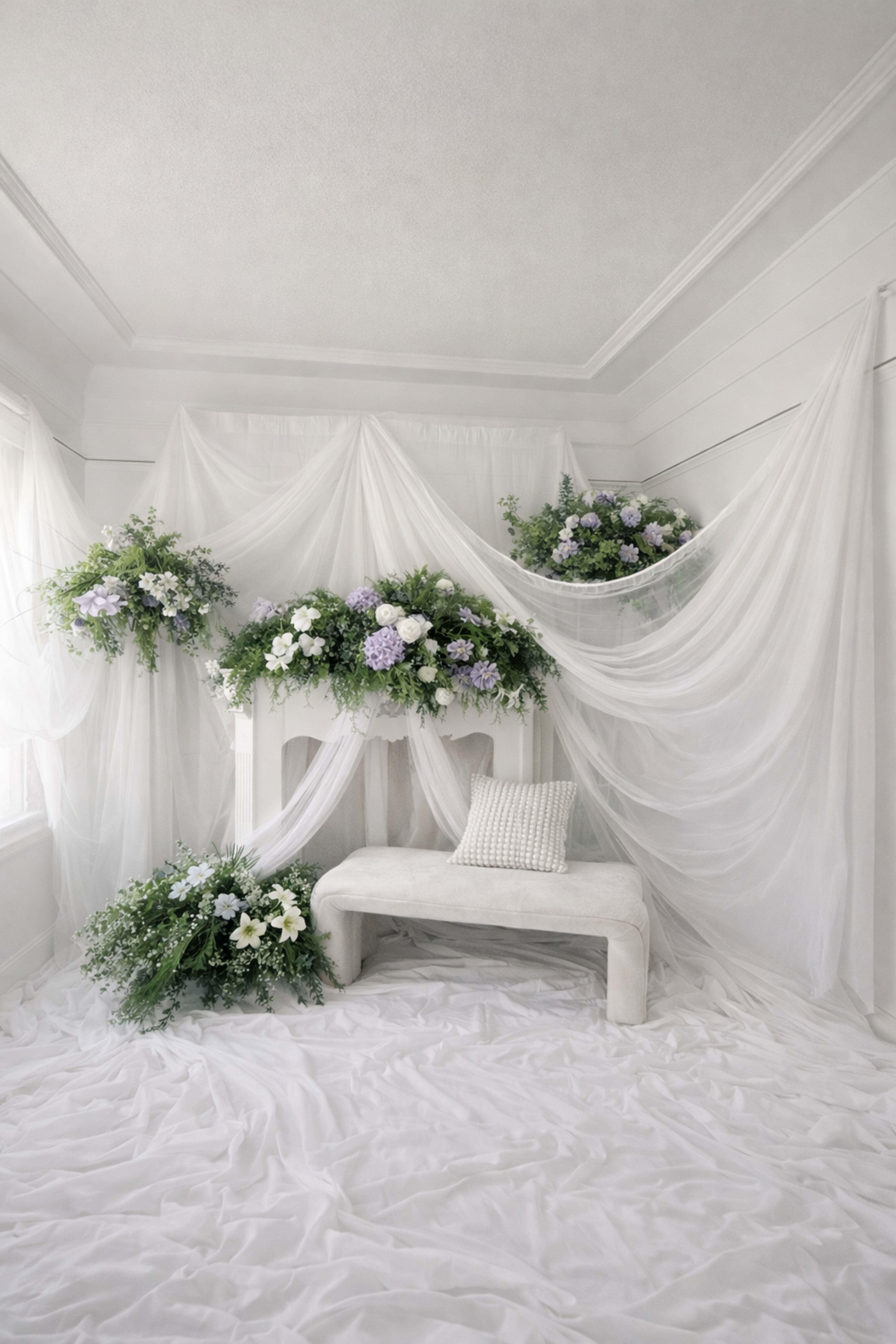 The scene features a minimalist room adorned with white drapes and floral arrangements, with a simple bench placed in the center.