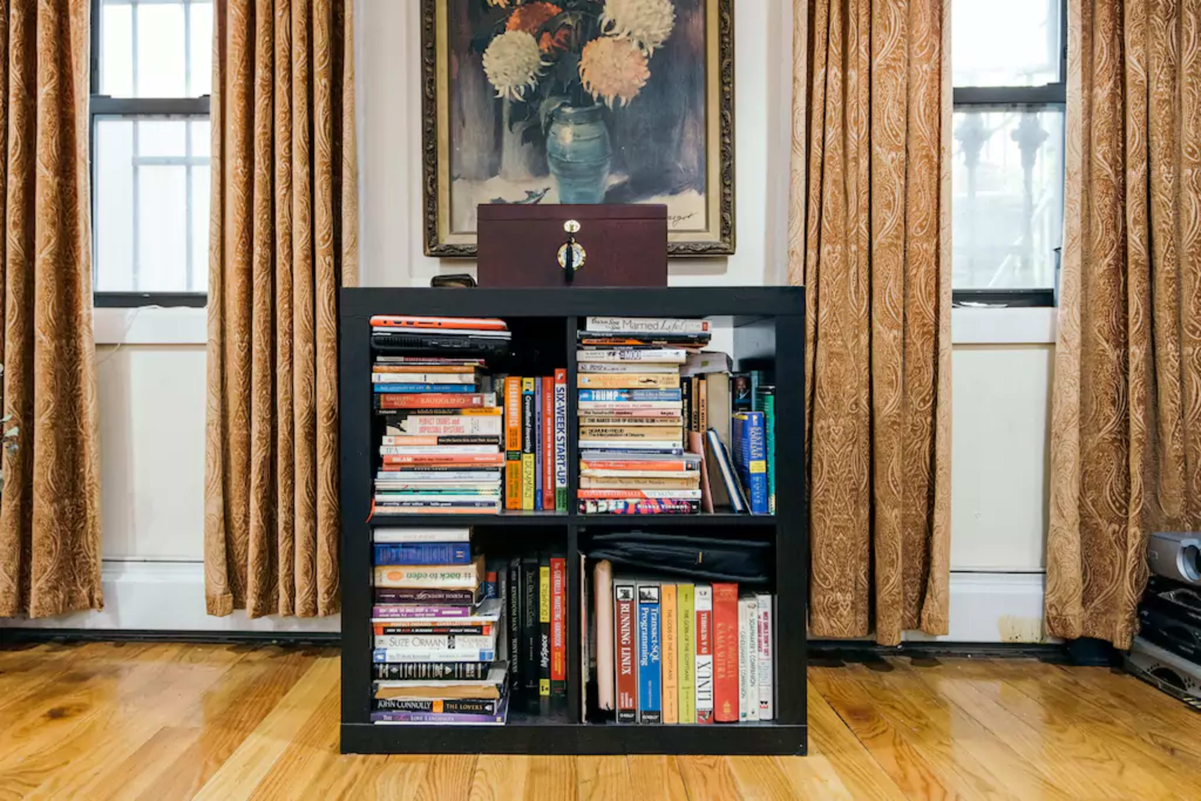 A black bookshelf filled with various books is positioned in front of a painting and flanked by two windows draped with patterned curtains.