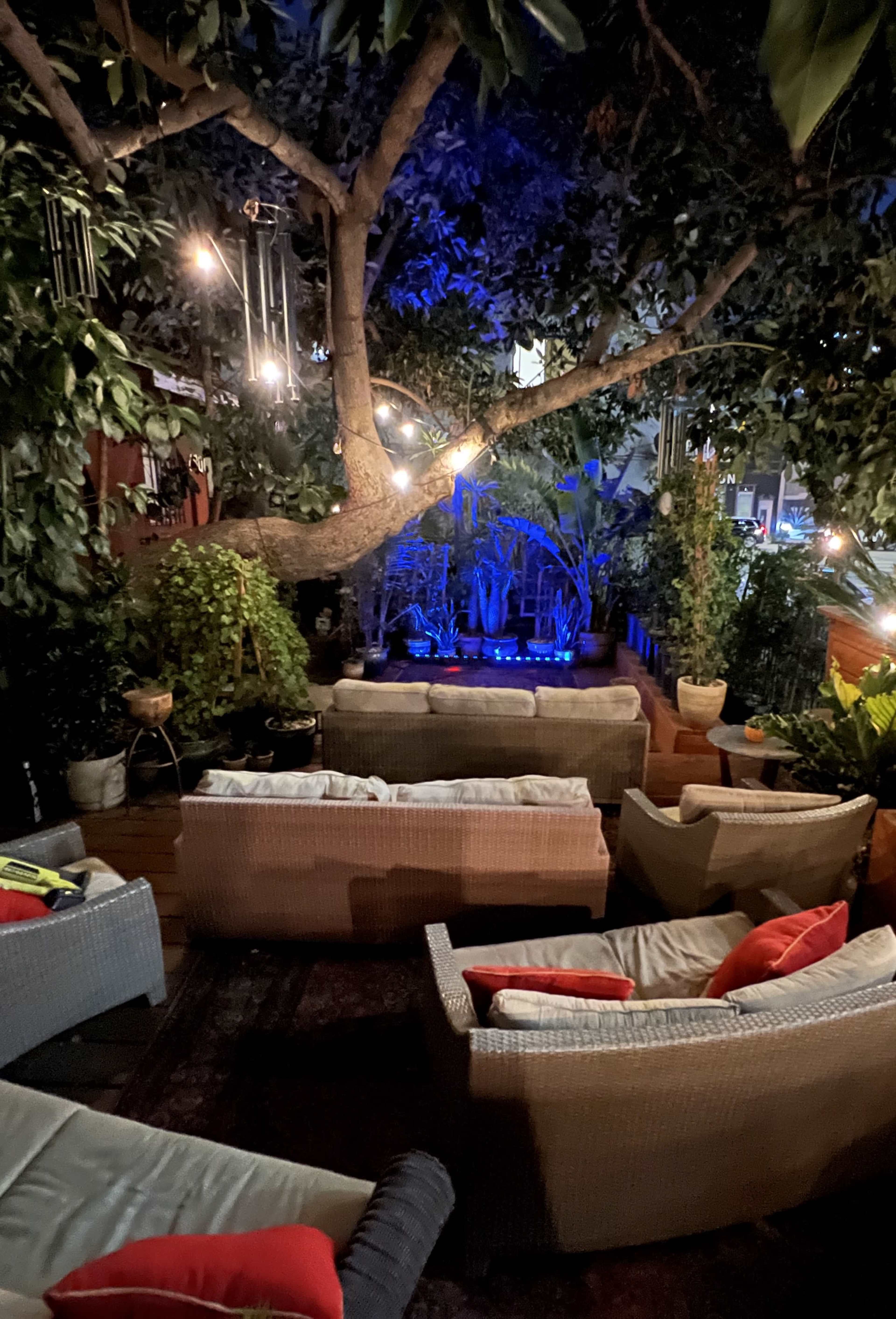 A cozy outdoor seating area is illuminated by soft lights, surrounded by lush greenery and a large tree.