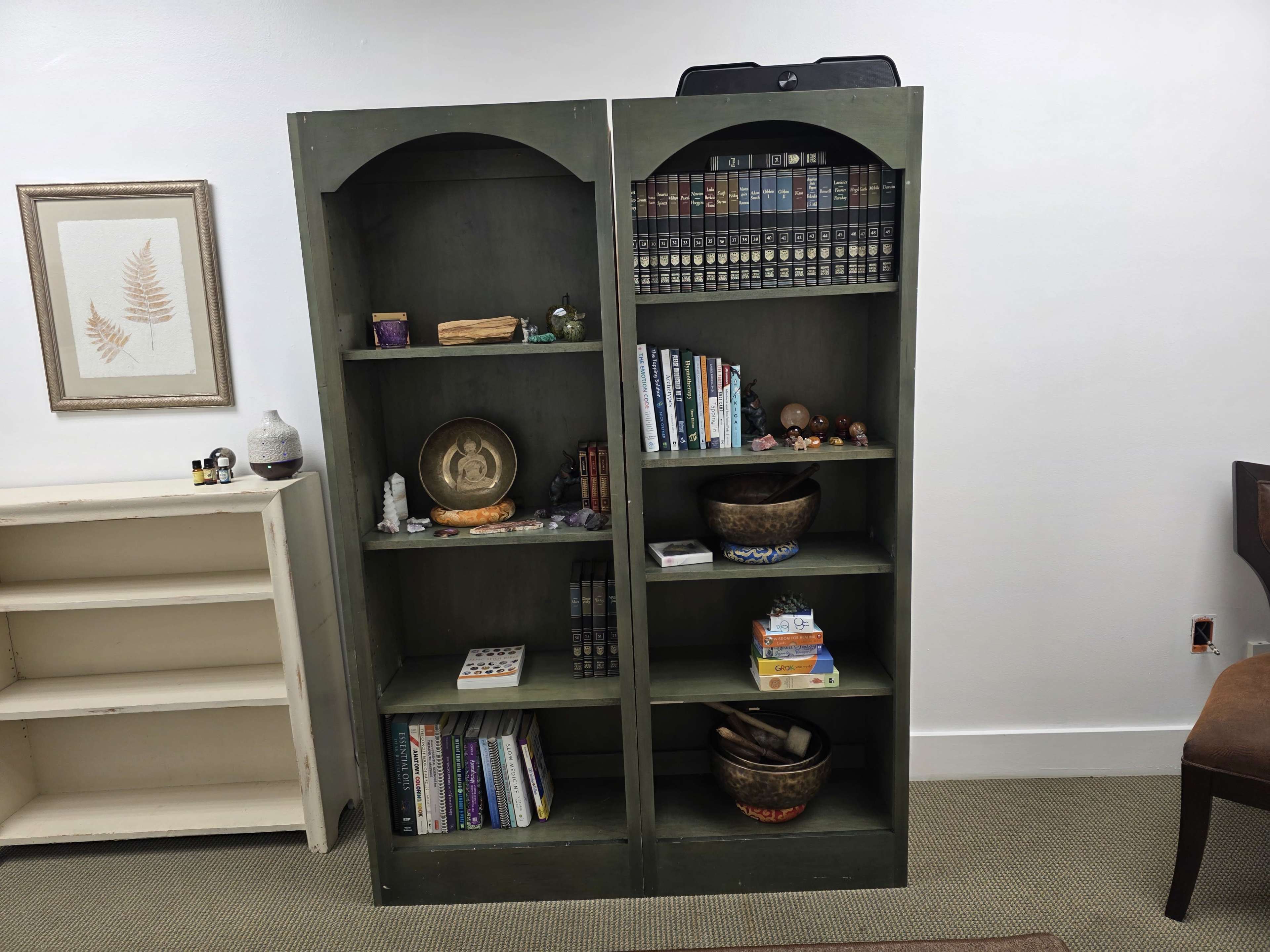 A green bookshelf holds various books, decorative items, and pottery, while another empty bookshelf stands nearby against a plain wall.