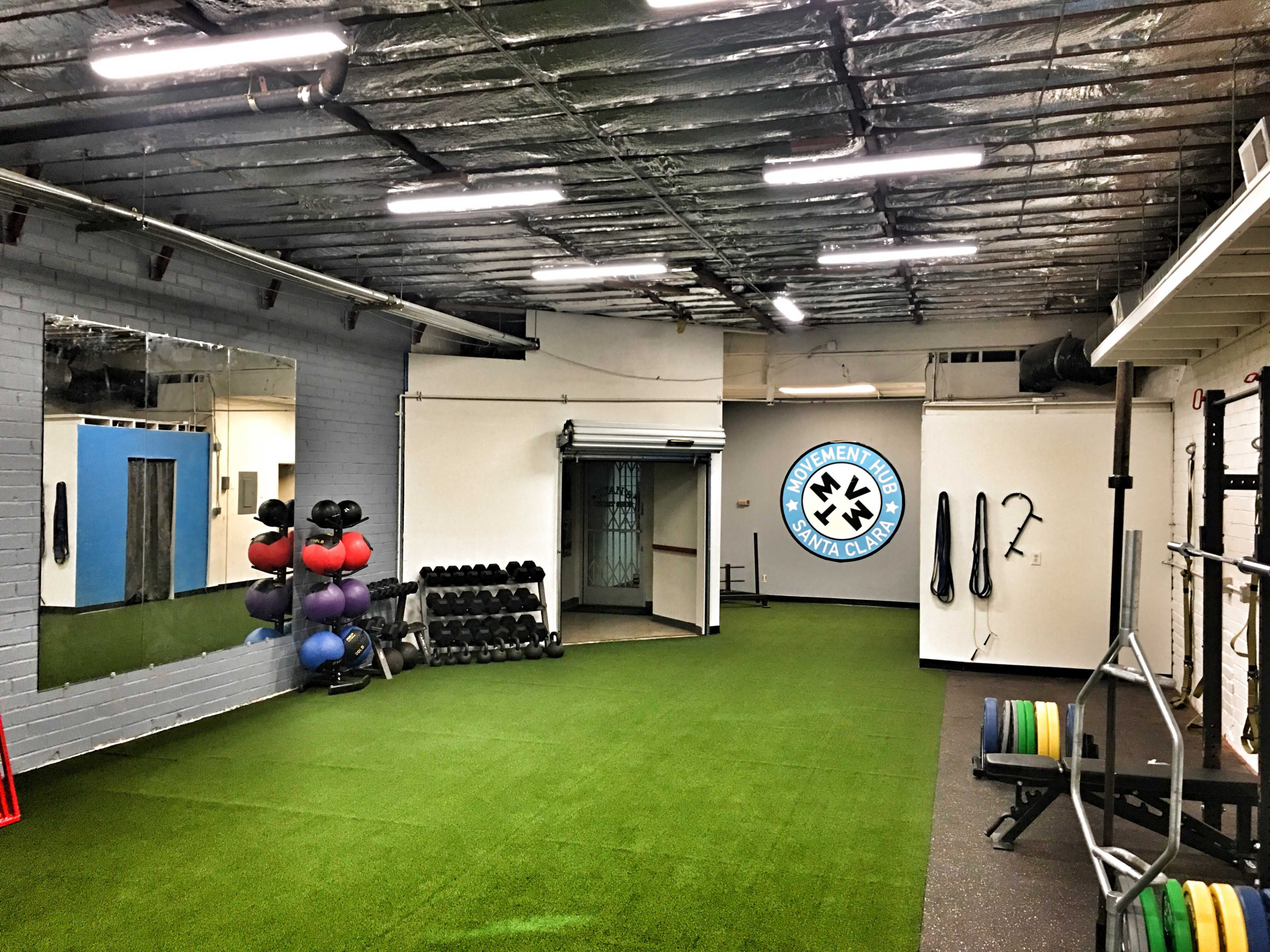 A gym interior with exercise equipment, including weights and medicine balls, against a wall and green turf flooring.