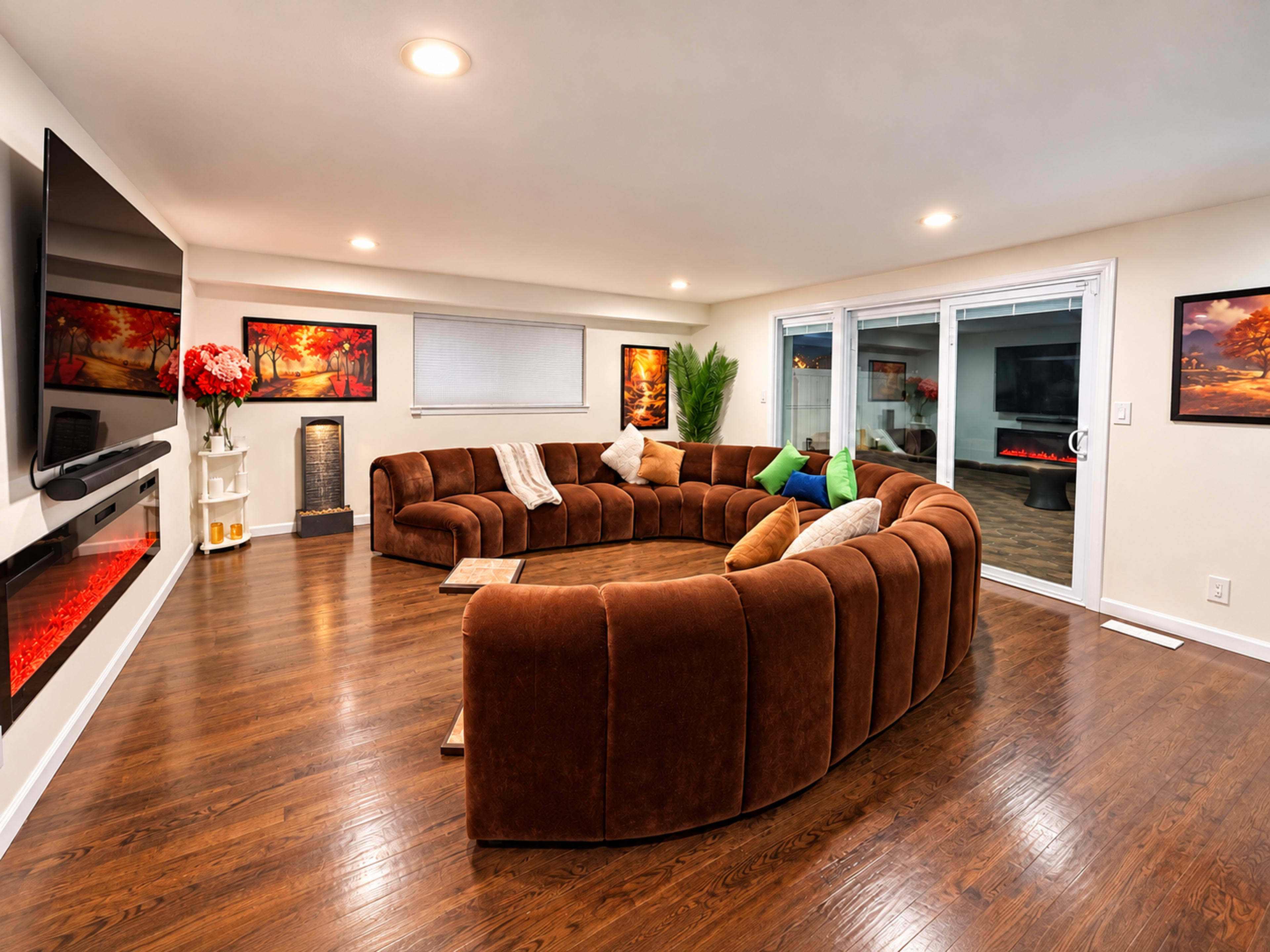 The image shows a modern living room featuring a large, curved brown sectional sofa, a flat-screen TV mounted on the wall, and sliding glass doors leading to a patio area.