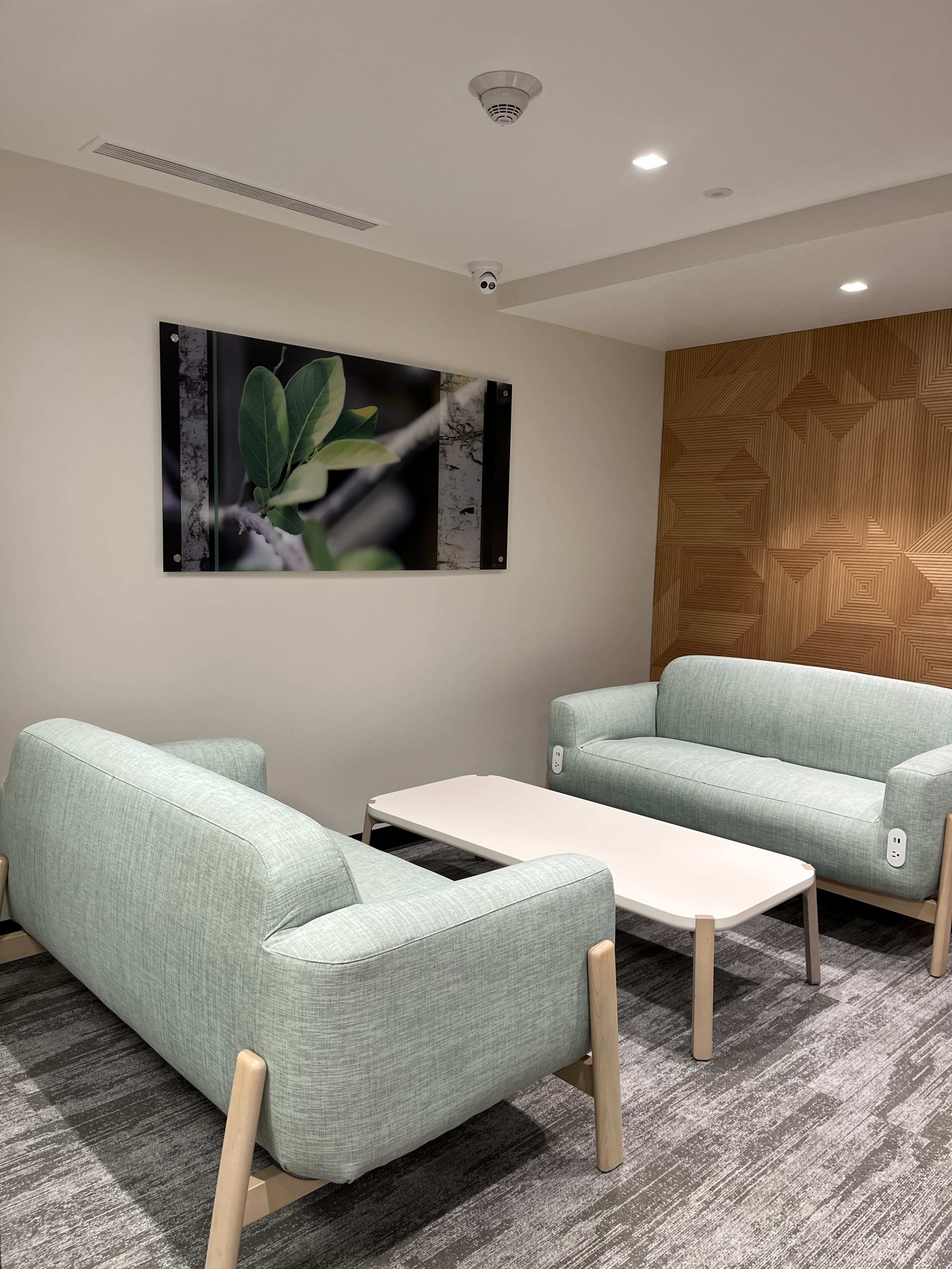 A small lounge area featuring two light green couches, a white coffee table, and a wall with textured wooden panels and a nature-themed artwork.