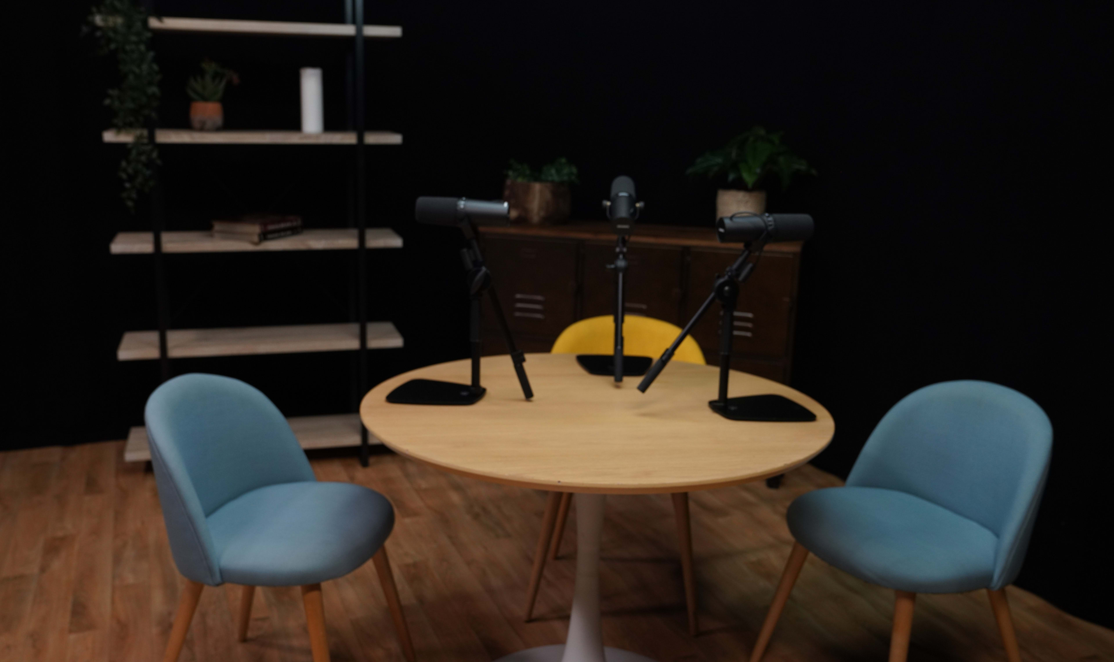 A round wooden table with two blue chairs and three microphones positioned at the center is set against a dark background with shelves displaying plants and decor.