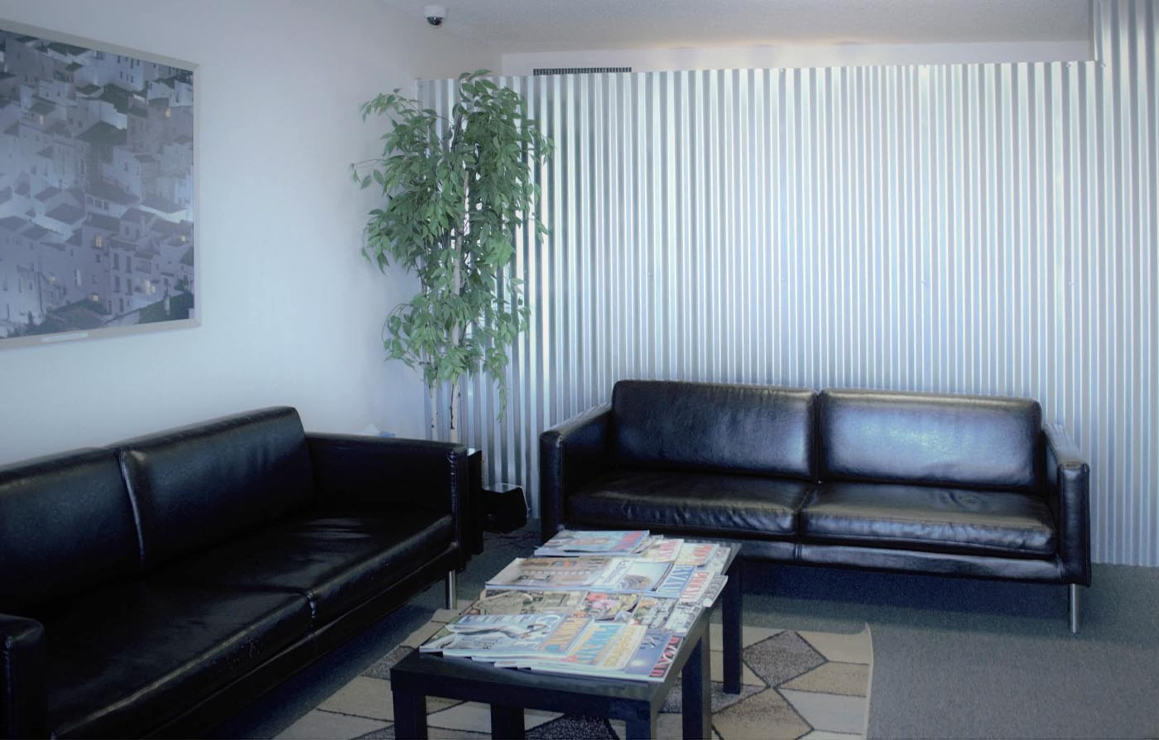 The image shows a waiting area with two black leather sofas facing a low coffee table covered in magazines, adjacent to a wall adorned with vertical metal panels and a potted plant.