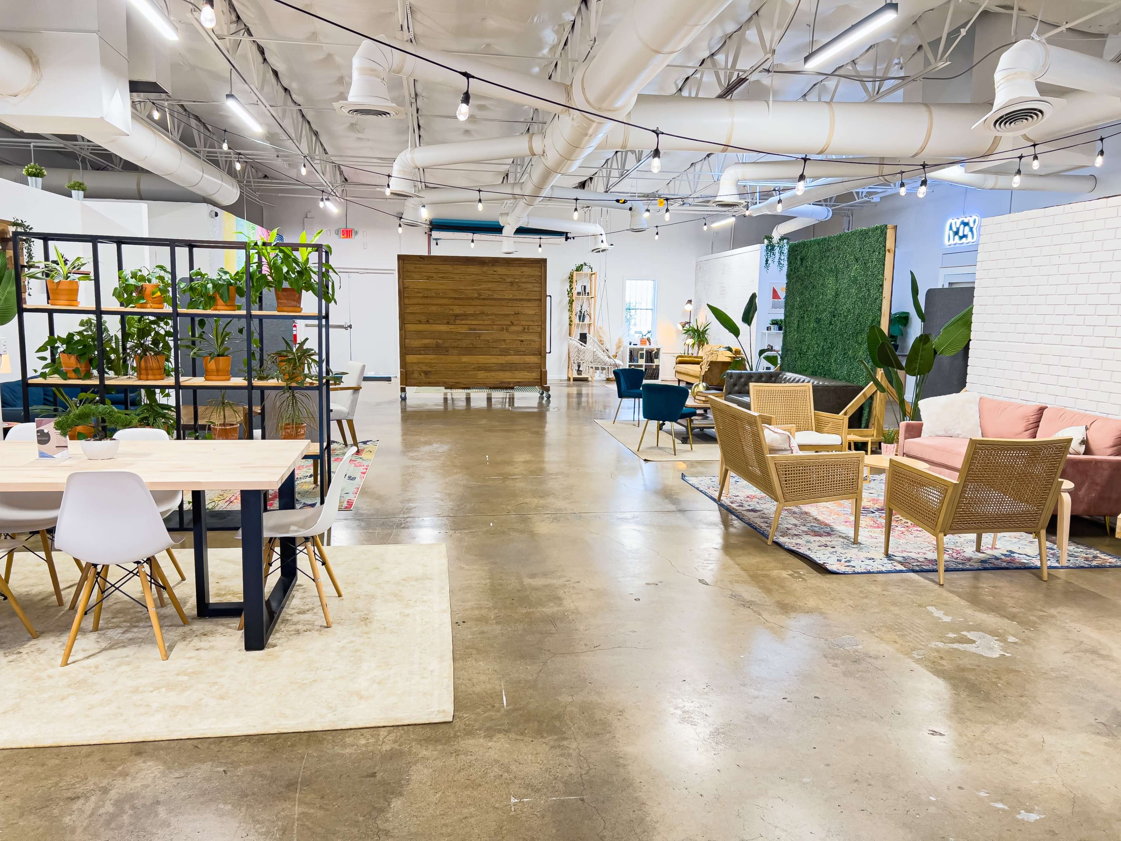 The image shows a spacious and modern interior with a seating area featuring plants, a dining table, and decorative rugs.