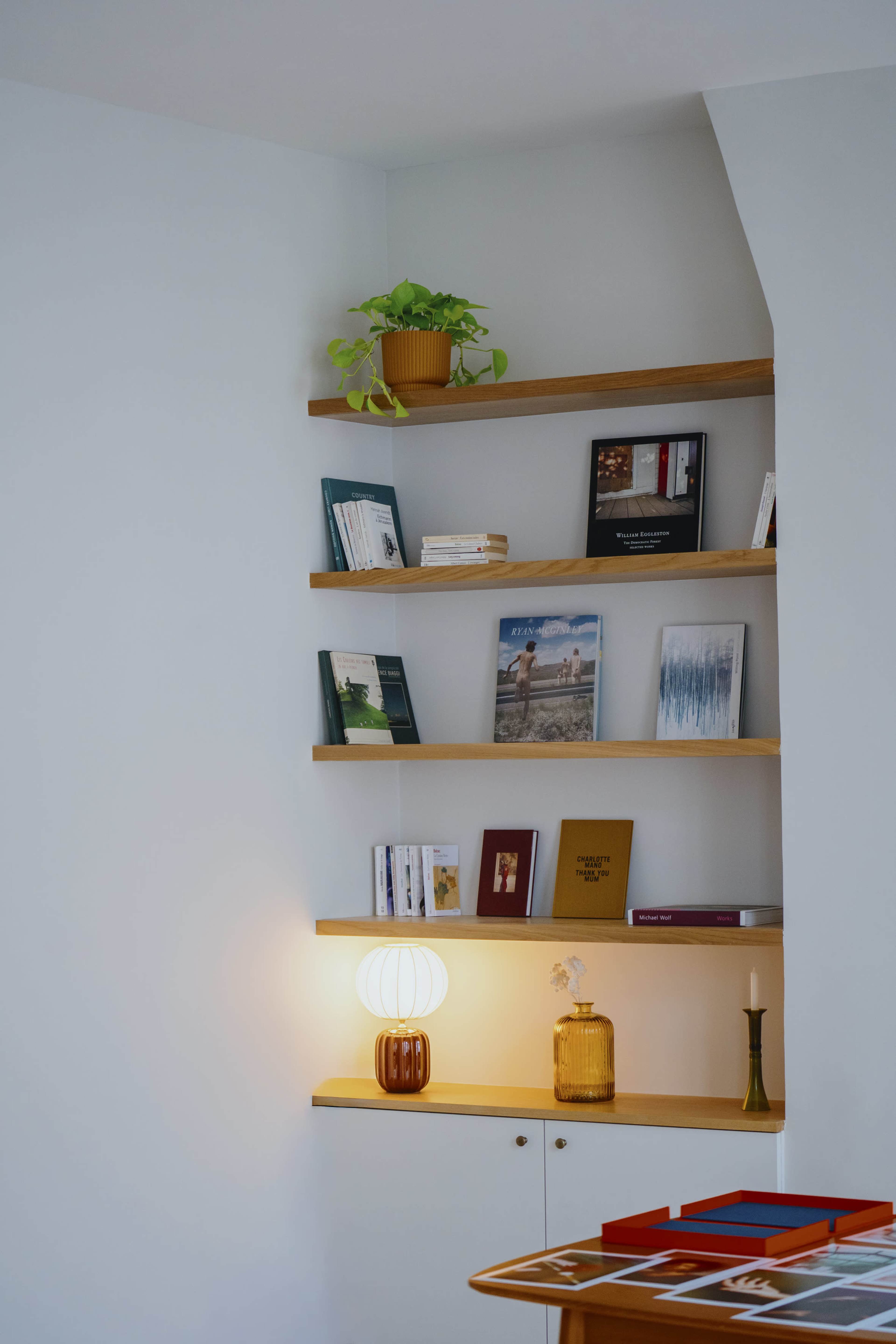 The image shows a corner bookshelf with various books placed on wooden shelves, a potted plant, and a small lamp providing light.