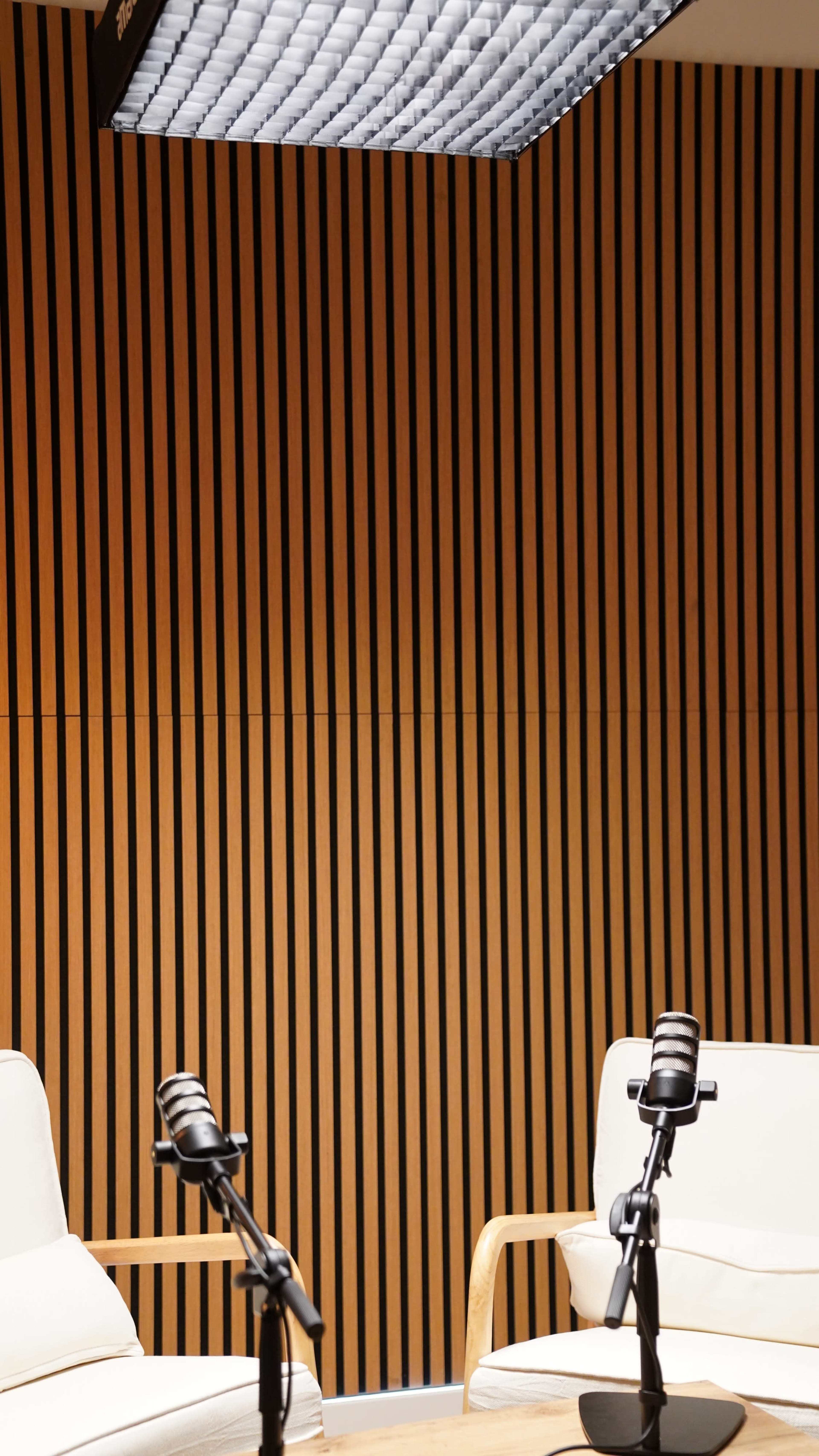 The image shows a recording studio with two white chairs and two microphones positioned on stands facing each other against a backdrop of wooden vertical slats.