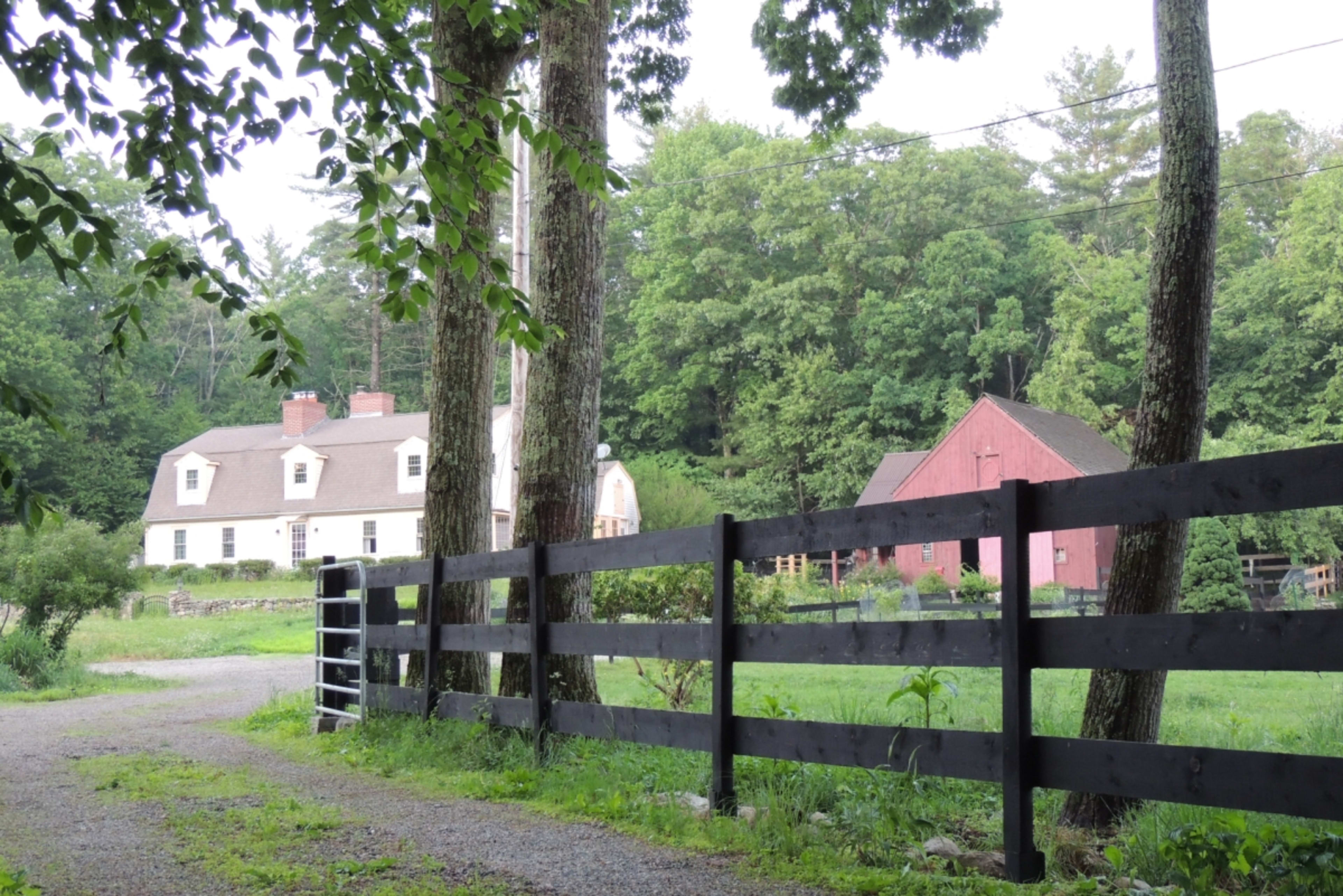 A gravel path leads to a white house and a red barn, surrounded by trees and greenery.