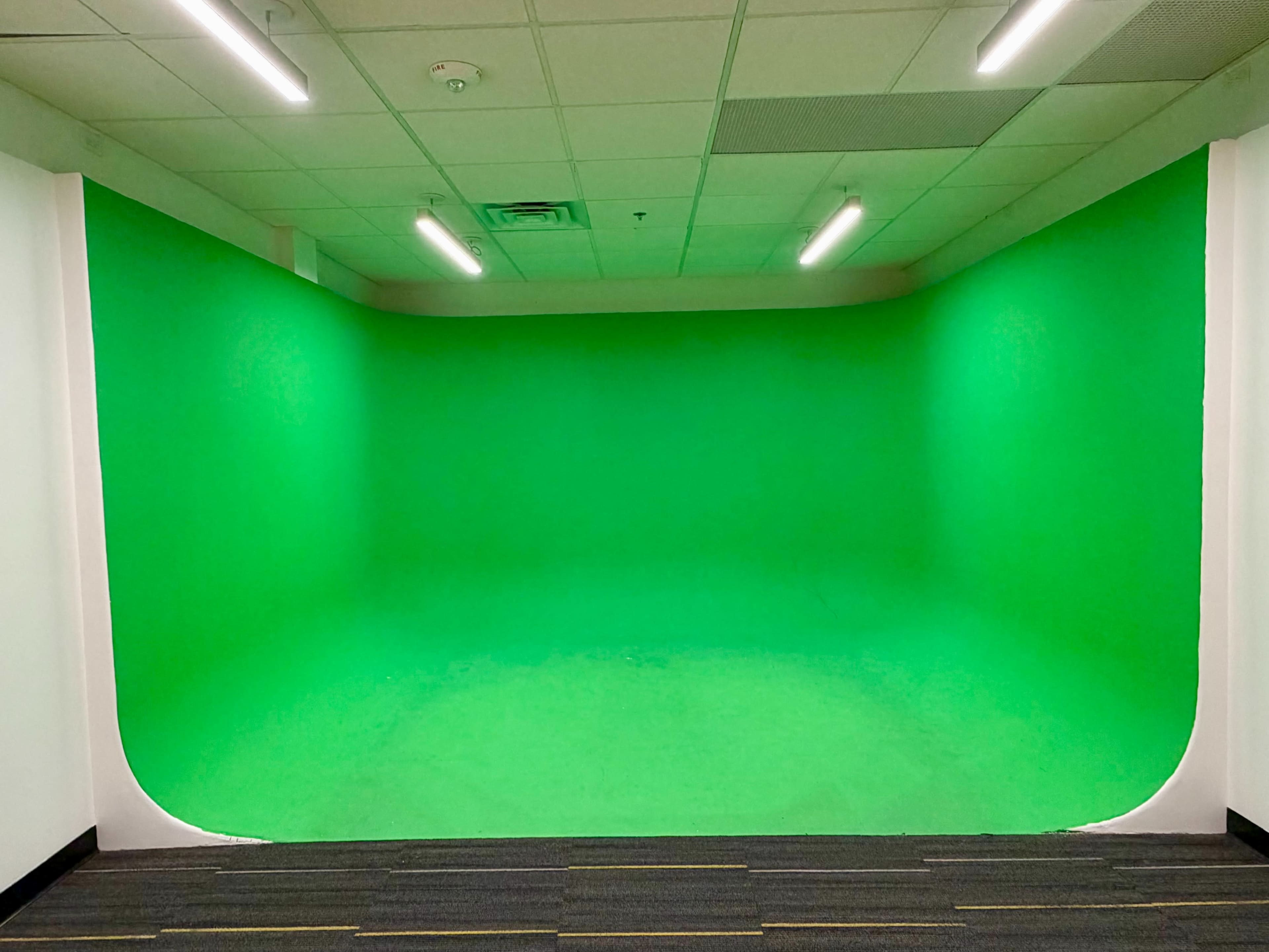 The image shows a room with a bright green backdrop and overhead lighting.