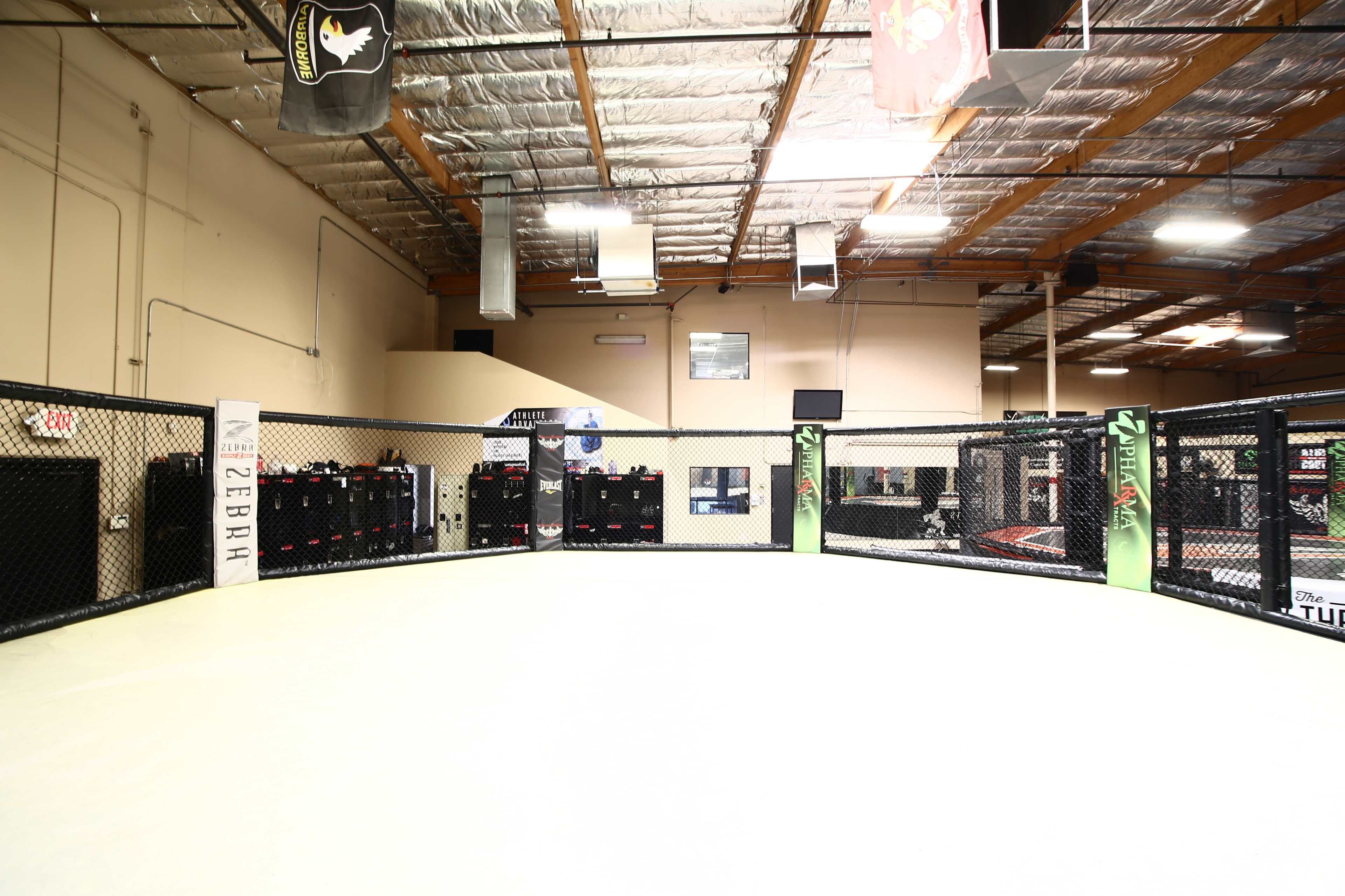 An empty mixed martial arts cage surrounded by a training facility featuring various banners and equipment.