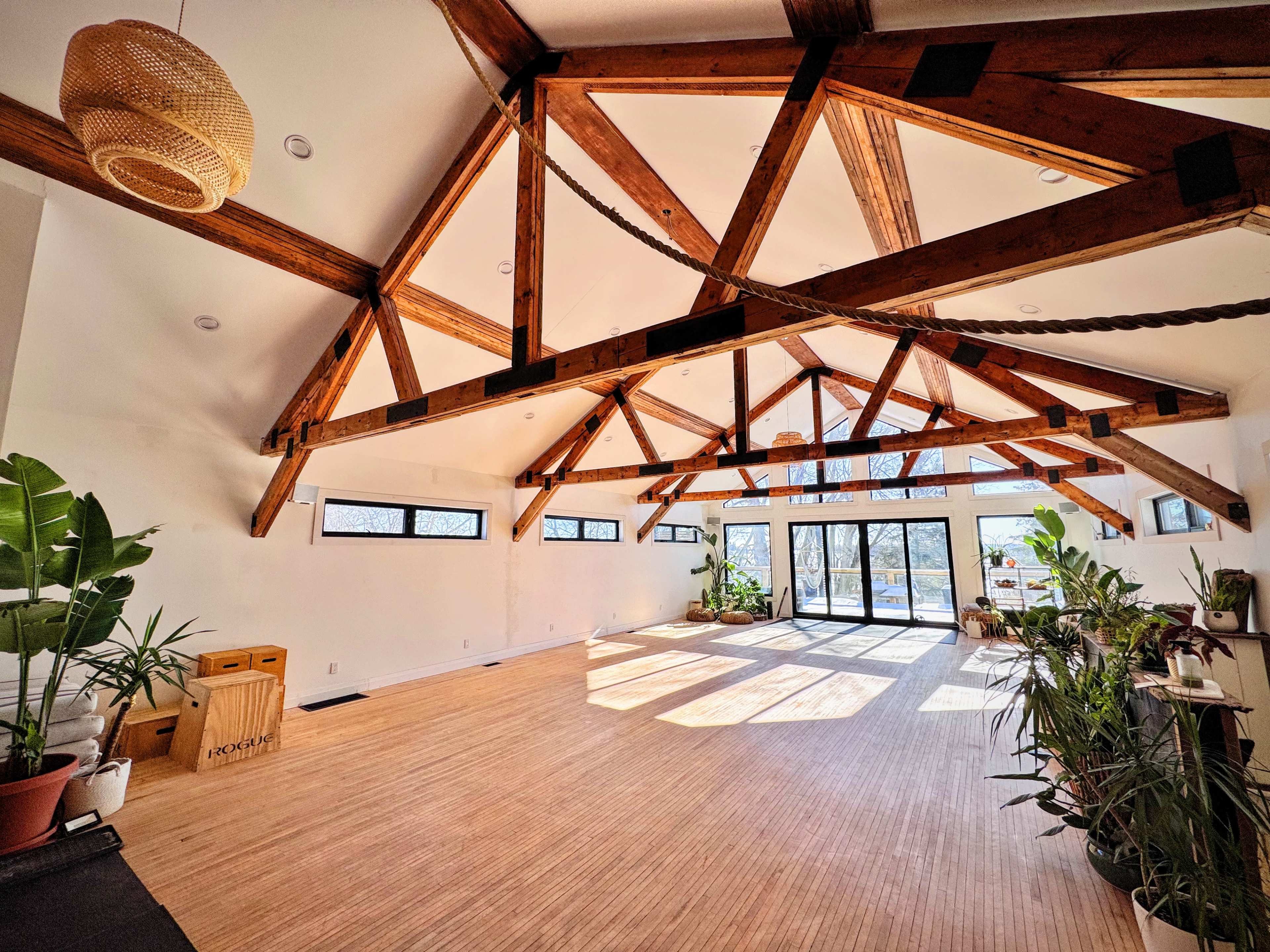 The image shows a spacious room with a high, wooden-beam ceiling, large glass doors leading to an outdoor area, and various indoor plants arranged along the walls.
