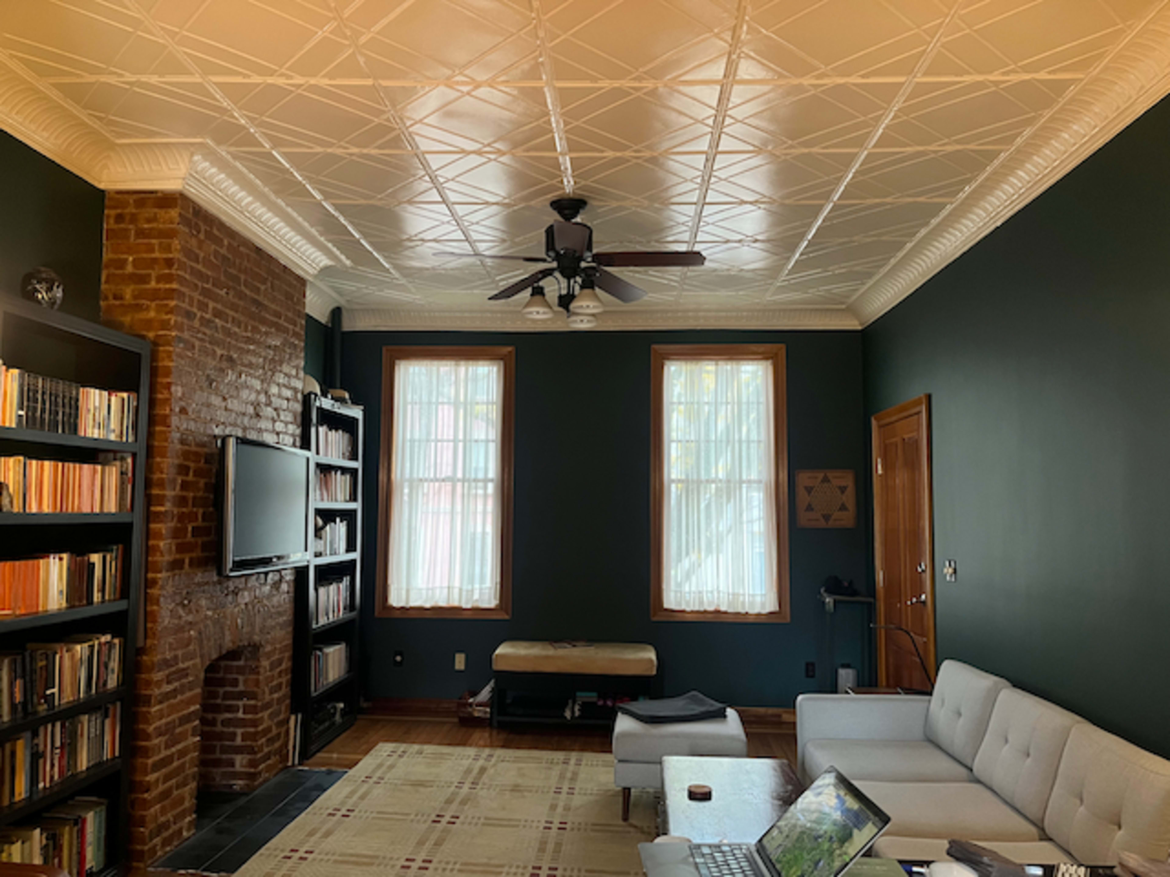 The image shows a living room with dark green walls, a white sofa, a wall-mounted TV, bookshelves filled with books, and two large windows with sheer curtains.