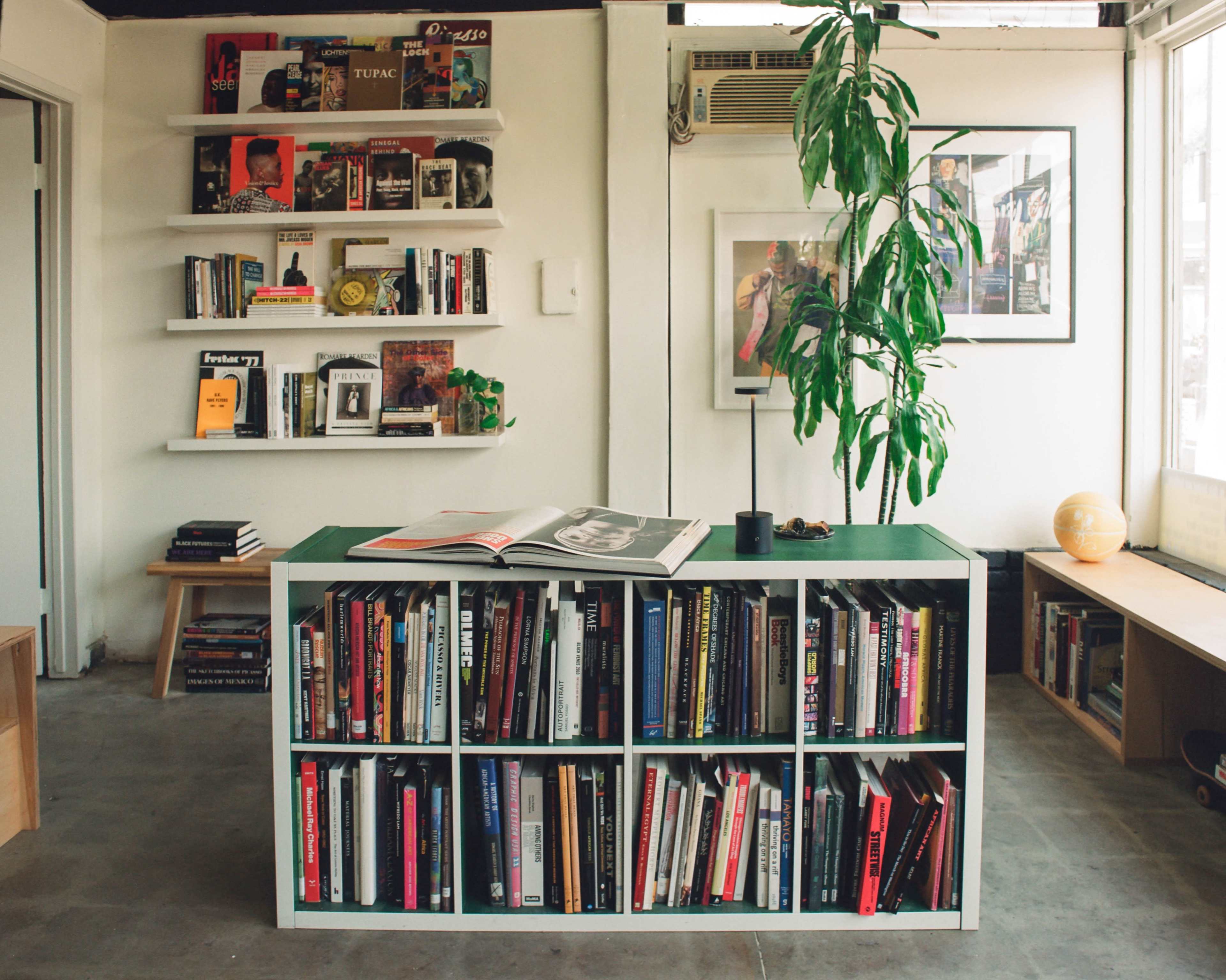 A modern reading area features a green table with bookshelves filled with various books, a potted plant, and framed artwork on the walls.