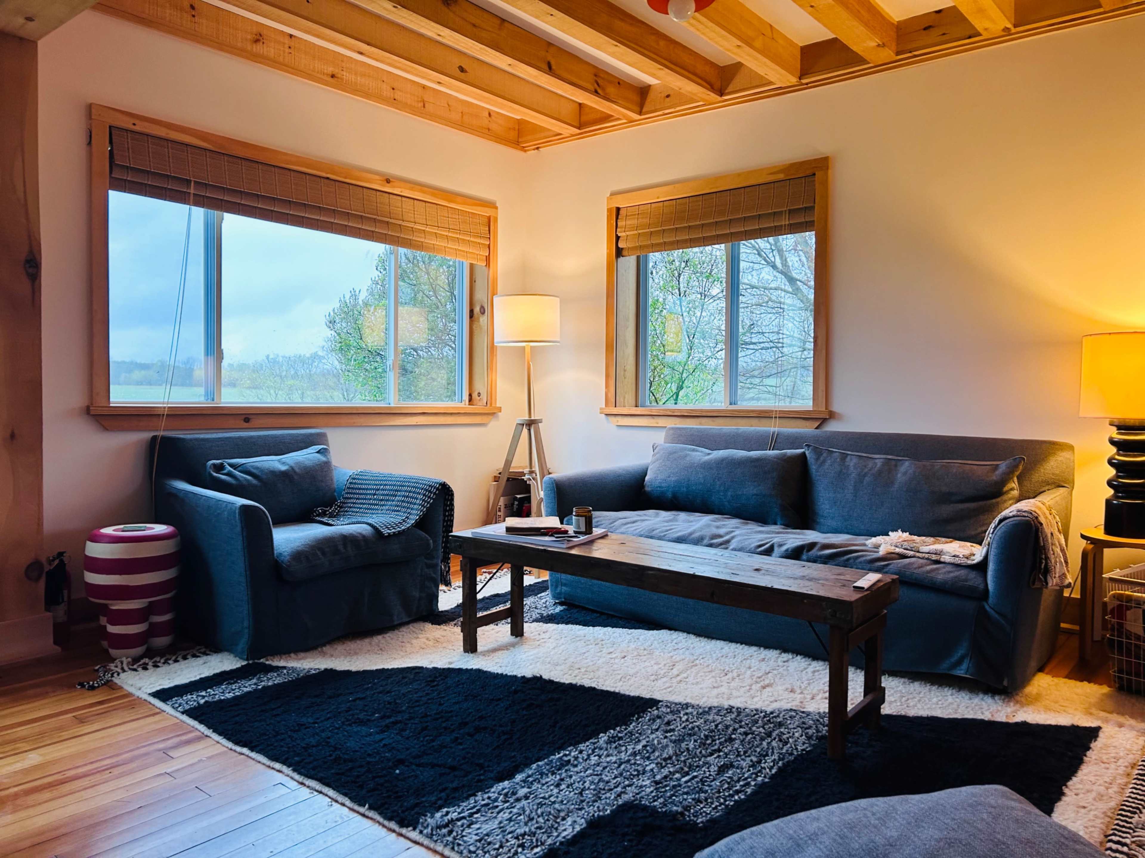 A cozy living room features a blue sofa, an armchair, a wooden coffee table, and large windows showing a view of trees.
