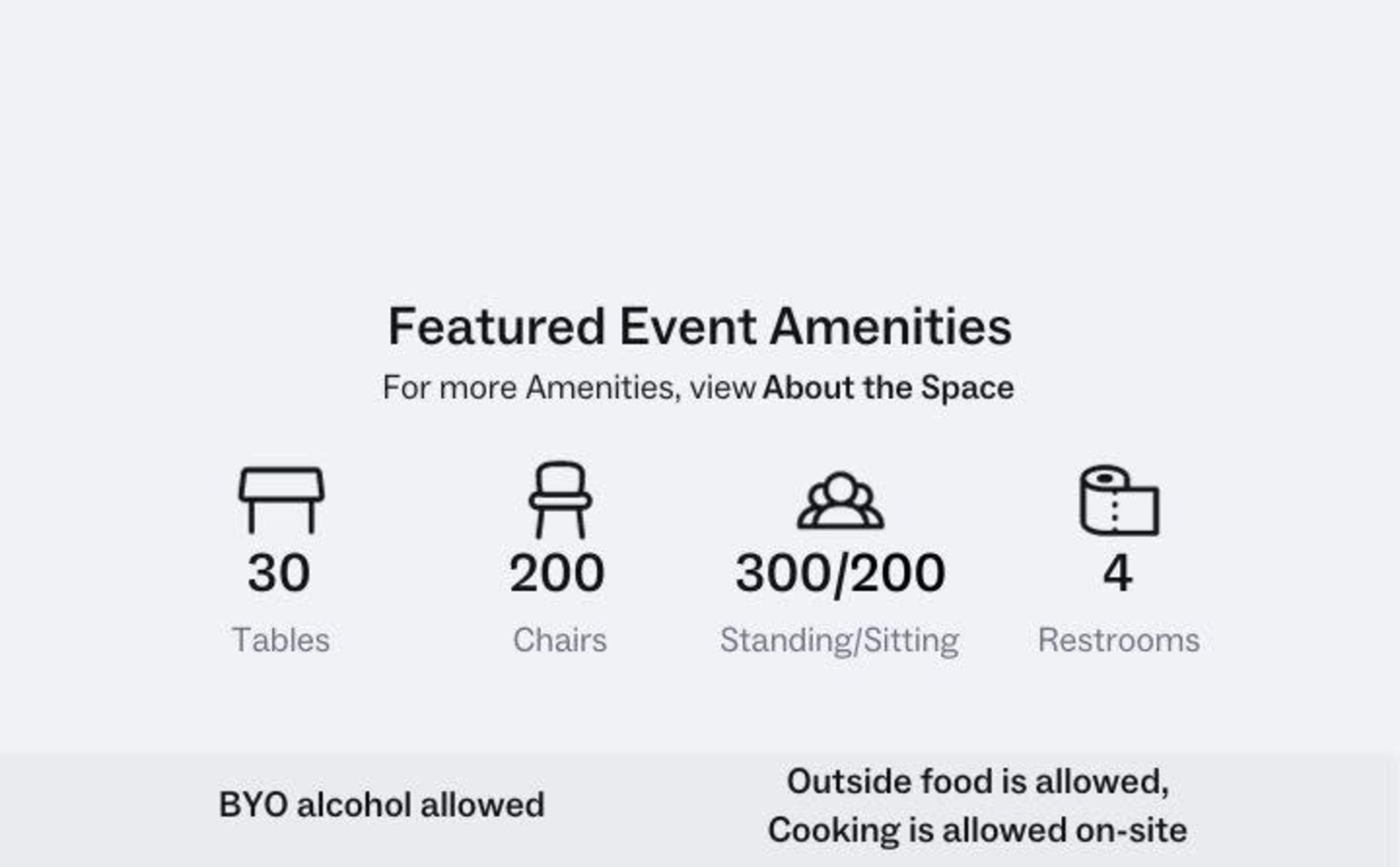 Information about an event space featuring 30 tables, 200 chairs, capacity for 300 sitting or standing guests, and 4 restrooms, with amenities like BYO alcohol and on-site cooking permitted.